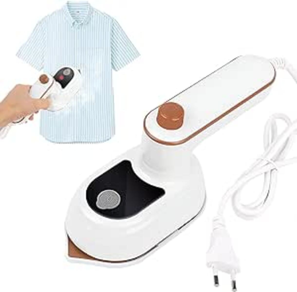 Vaporizador de mano blanco y marrón con una camisa y una mano sosteniendo el vaporizador.