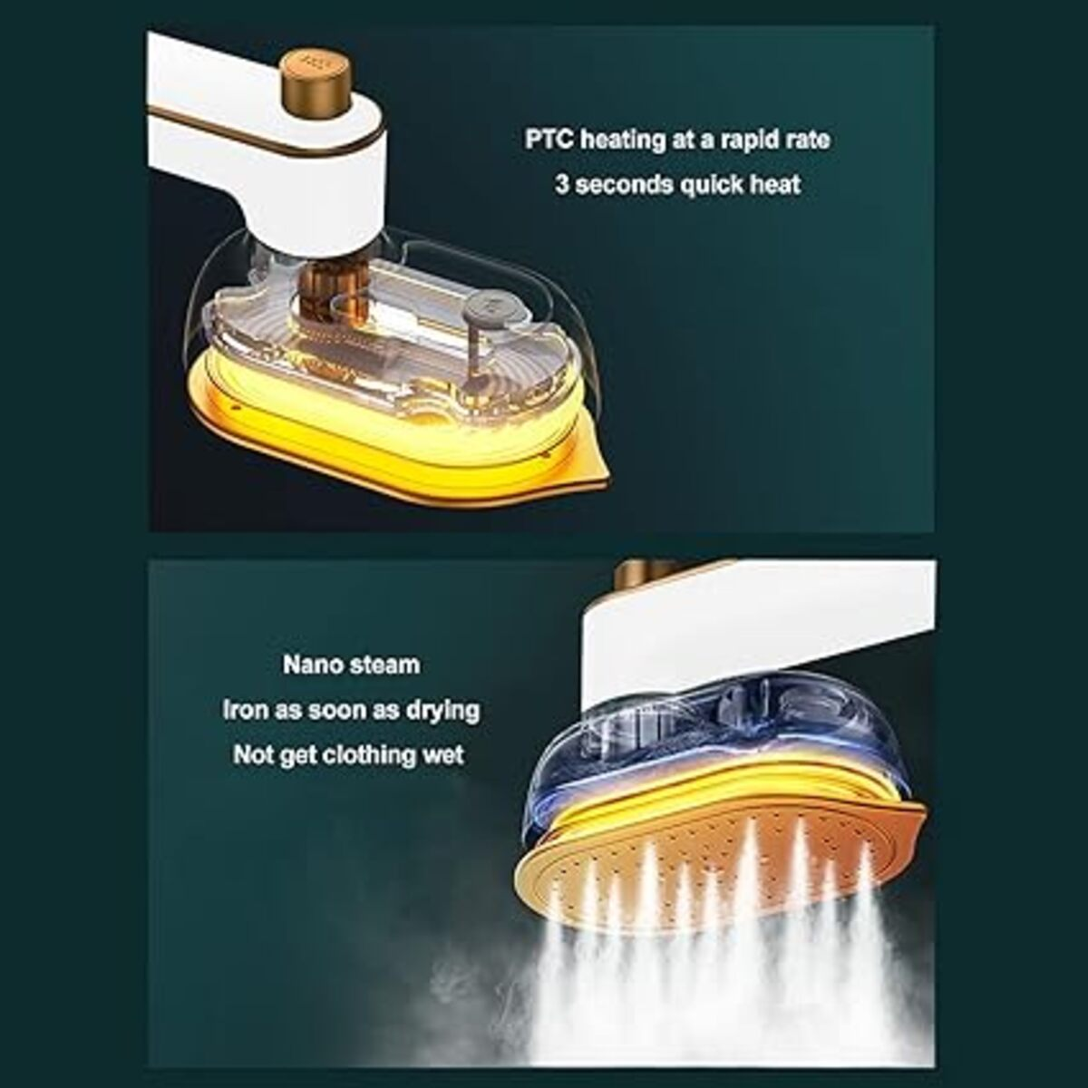 Plancha, blanca y dorada, con texto que describe el calentamiento rápido y el nano vapor.