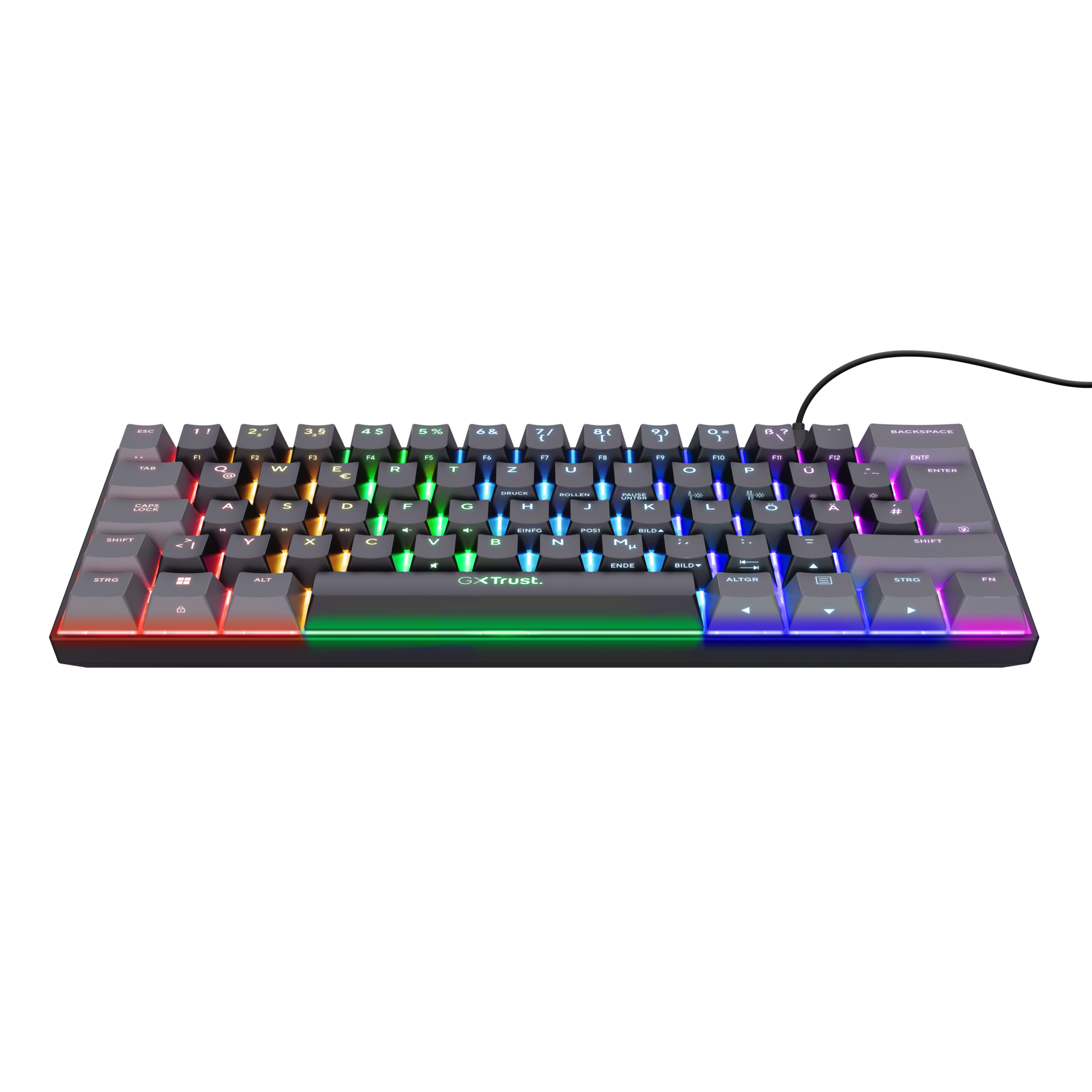 Czarna klawiatura z tęczowymi klawiszami. Klawiatura dla graczy Trust.