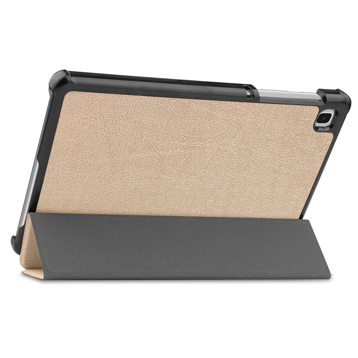 Une tablette dans un étui, en angle, avec un dos marron clair et un support gris foncé.