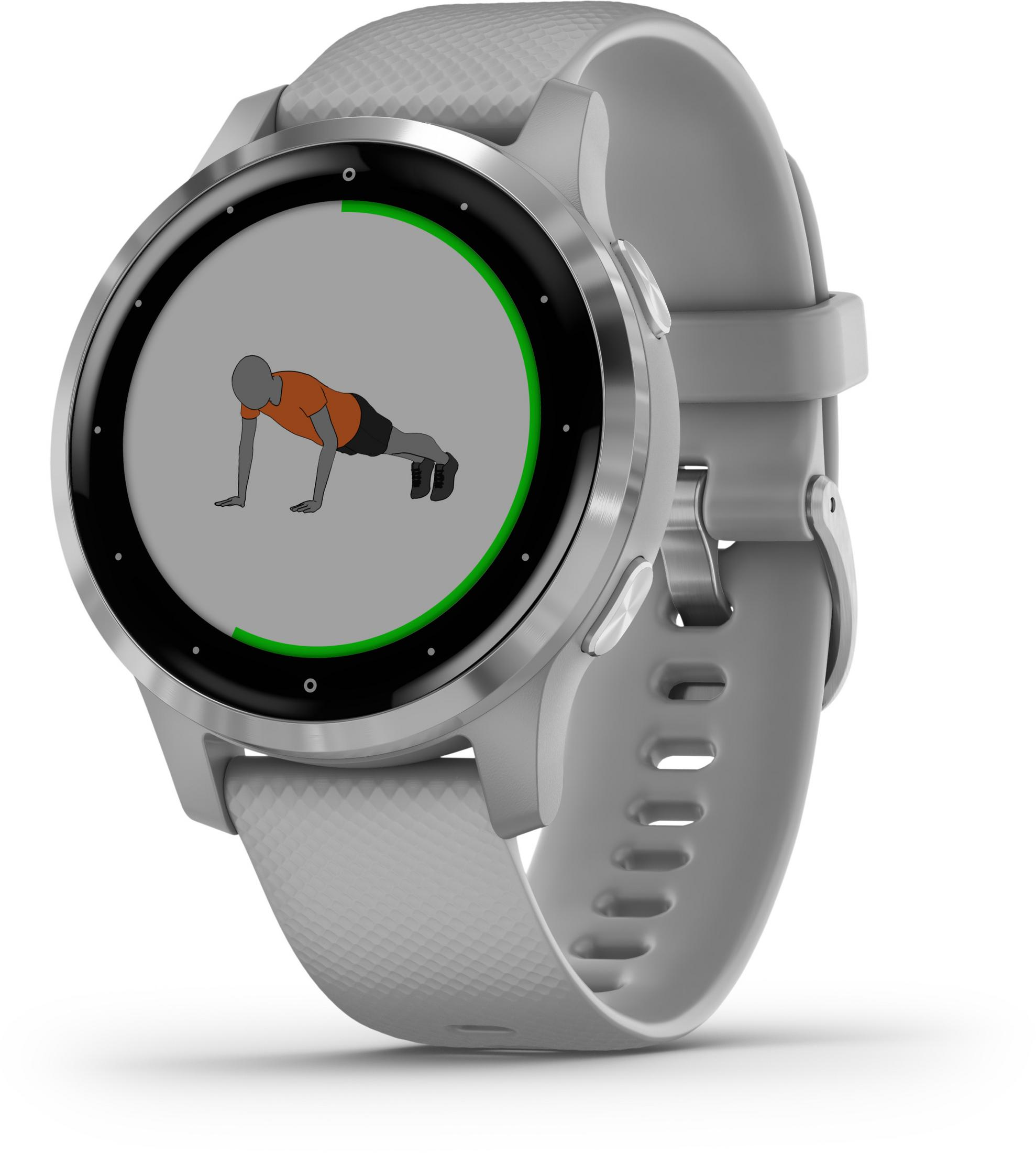 Graue Smartwatch, die eine Grafik einer Liegestützübung anzeigt, mit weißem Hintergrund.