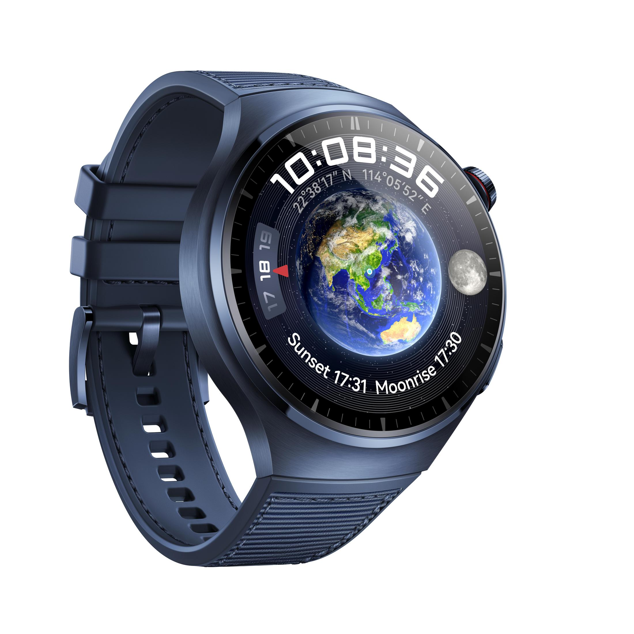 Blaue Smartwatch mit Digitalanzeige, die Zeit und eine Erdkarte zeigt.