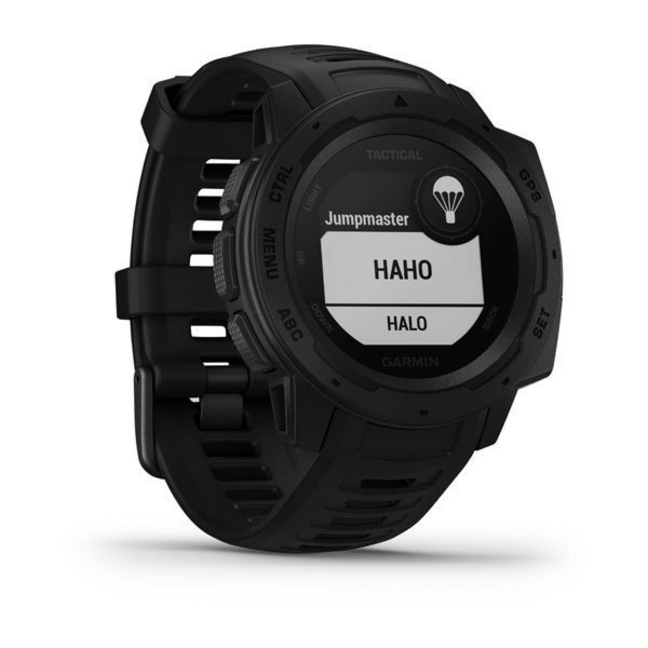 Orologio Garmin nero che mostra Jumpmaster, HALO e altre opzioni tattiche sullo schermo.