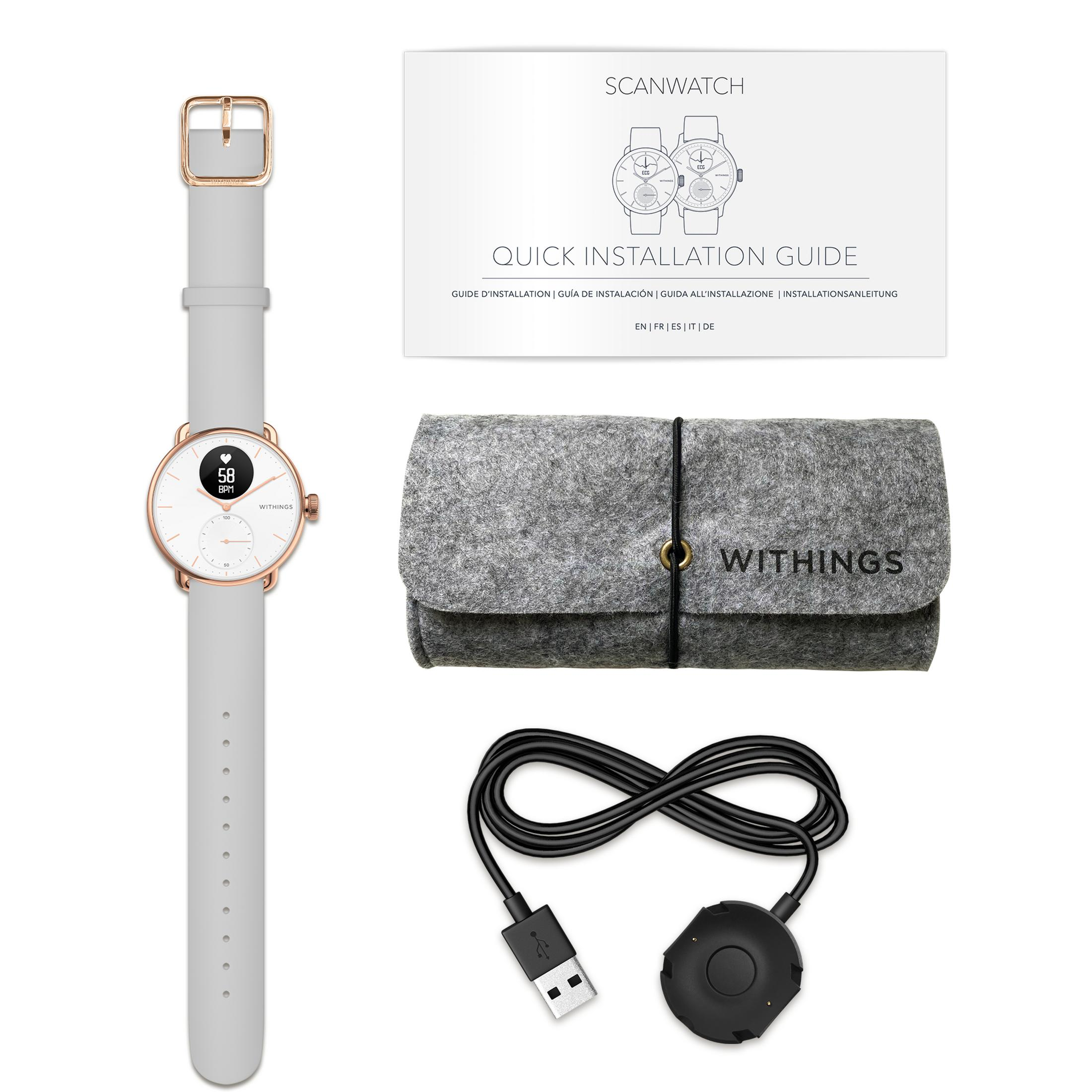 Eine Smartwatch mit weißem Zifferblatt und grauen Armband, Anleitung, Filzetui und Ladekabel.