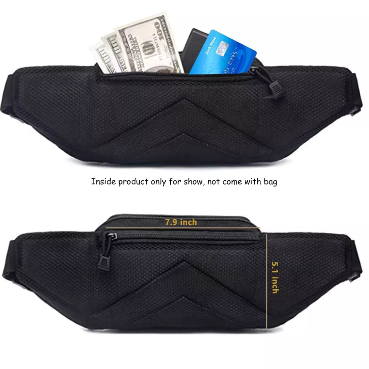 Eine schwarze Bauchtasche mit Reißverschlusstasche und Geld darin wird vor weißem Hintergrund gezeigt.