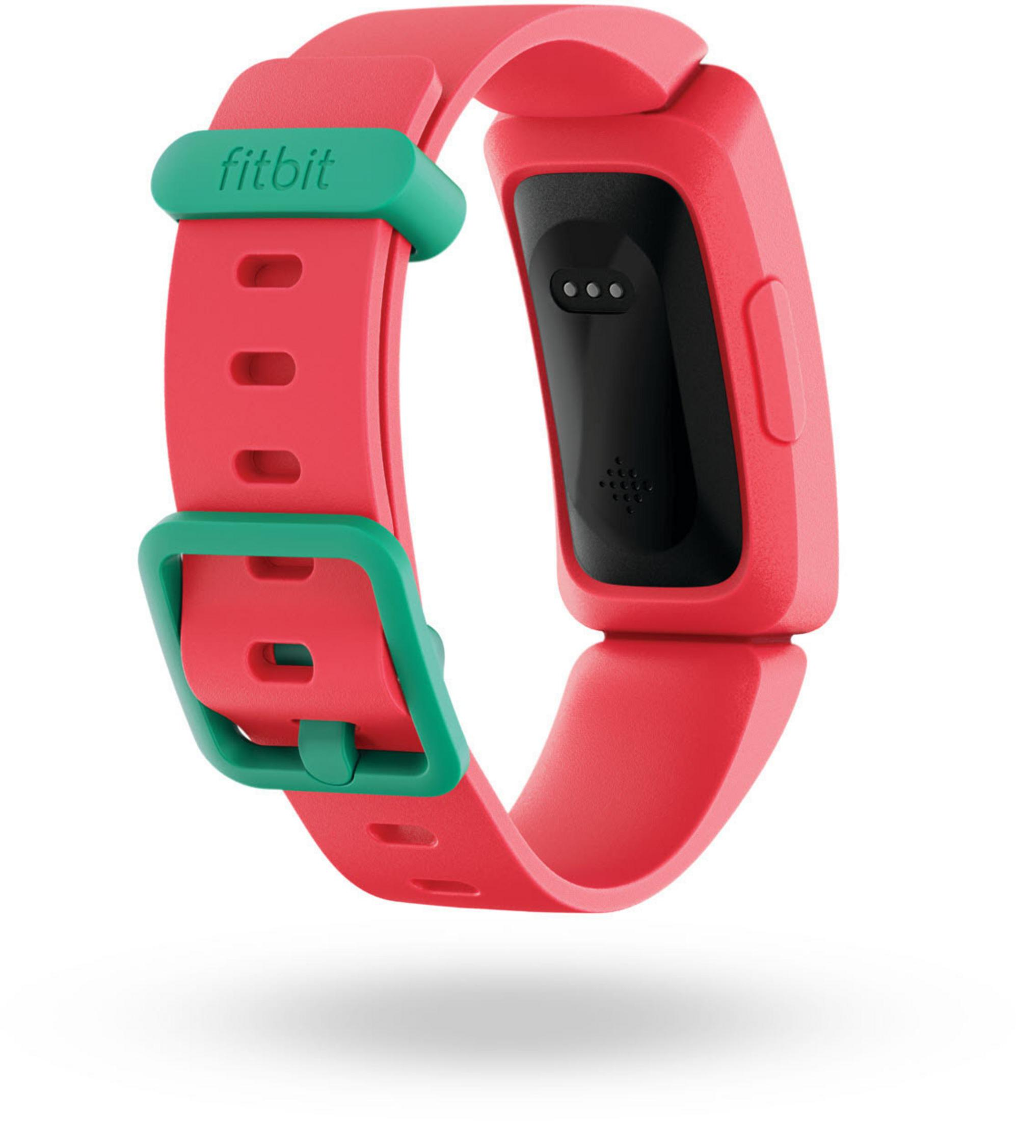 Ein rotes und grünes Fitbit-Smartwatch-Armband auf weißem Hintergrund.