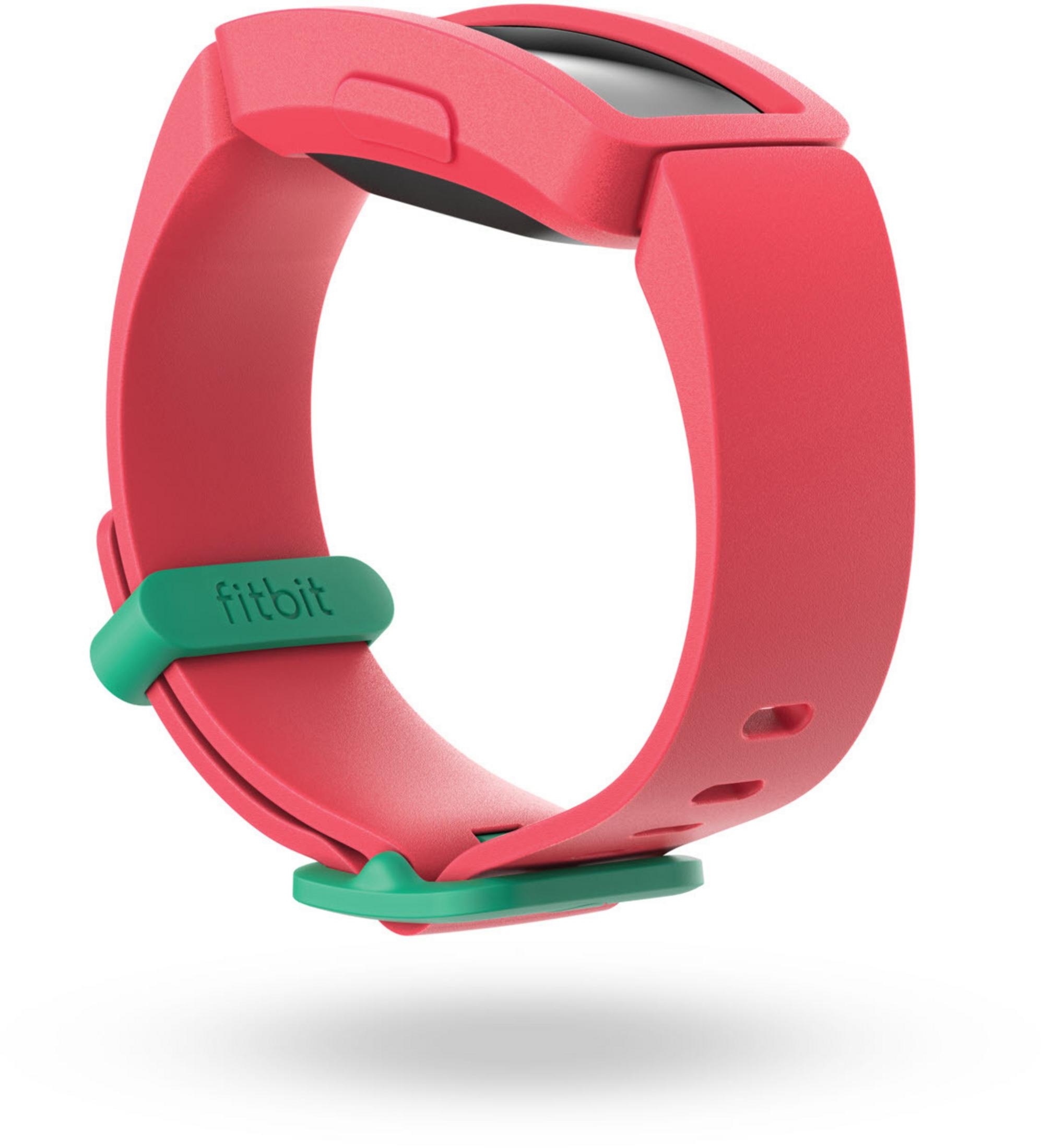 Rosa Fitbit-Uhr mit grünem Verschluss. Die Uhr befindet sich auf weißem Hintergrund.