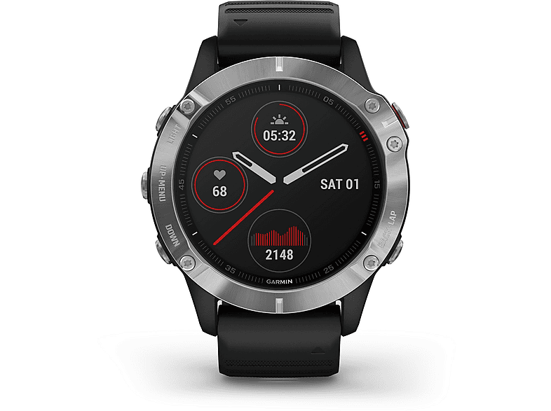 GARMIN FENIX 6 SILVER W/BLACK BAND, Smartwatches & Sportuhren, 125-208 mm, Schwarz/Silber