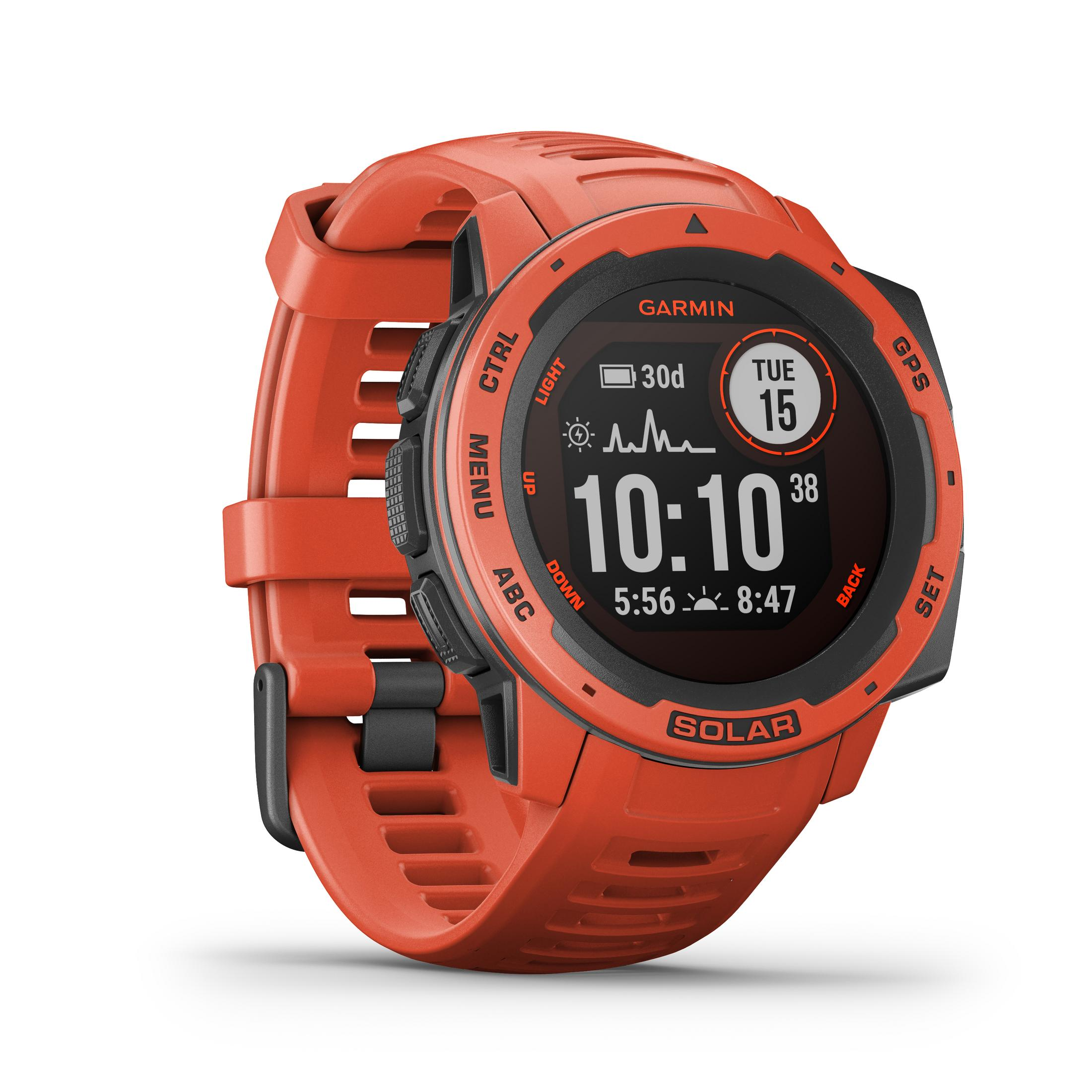 Pomarańczowy zegarek Garmin Instinct pokazujący czas. Czarna ramka, pomarańczowy pasek, cyfrowy wyświetlacz.
