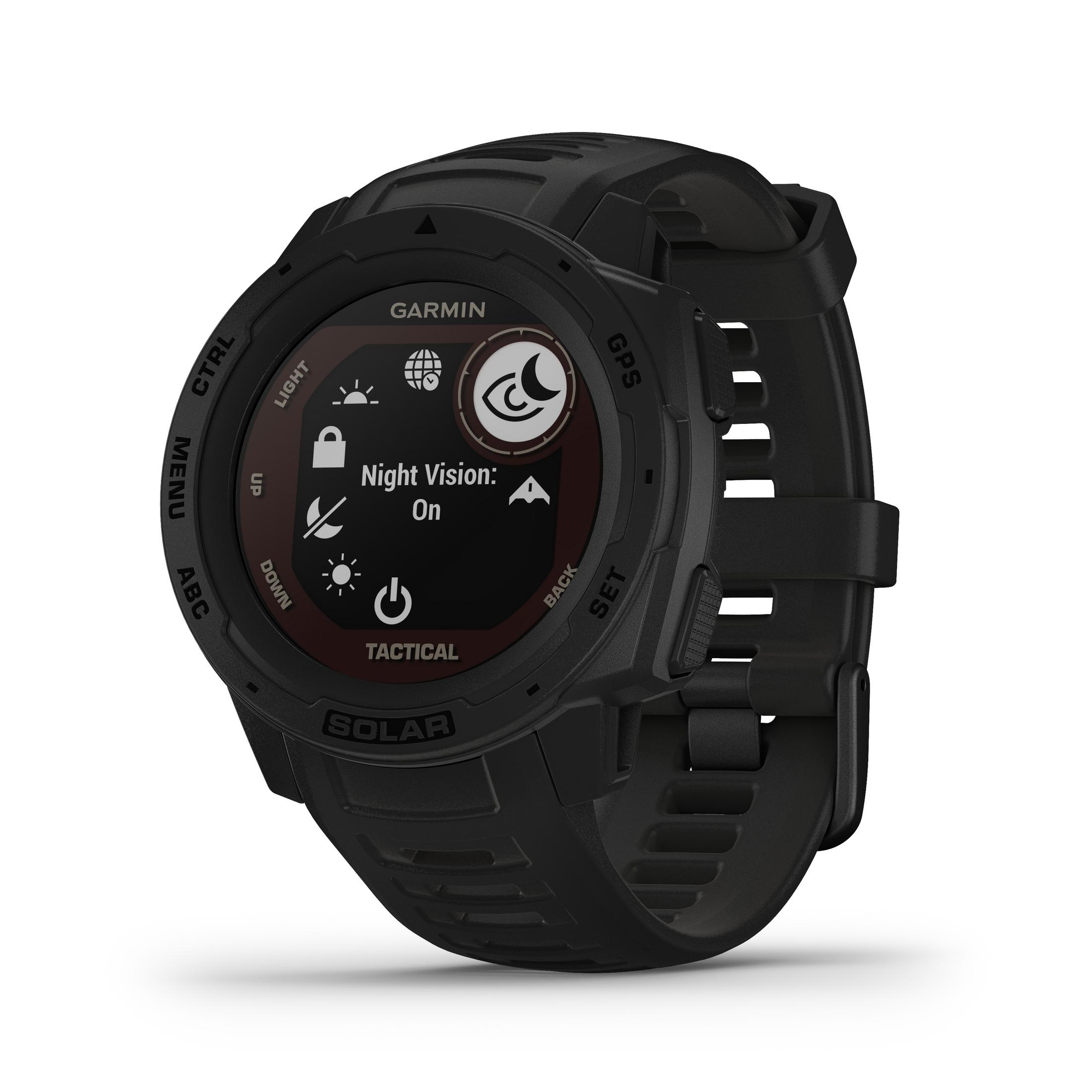 Schwarze Garmin-Uhr mit 'Tactical' und 'Night Vision: On'-Anzeige.