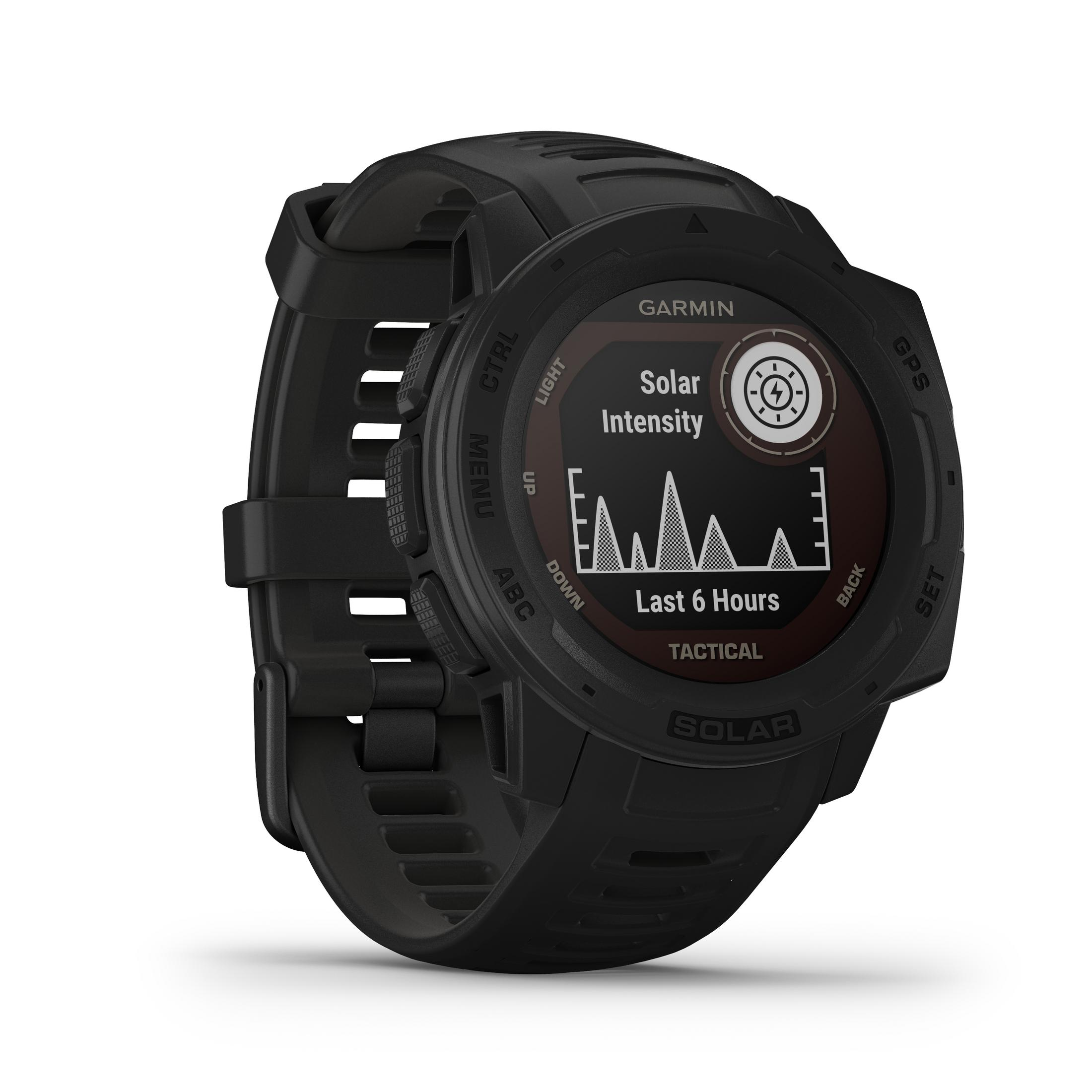 Eine schwarze Garmin-Uhr mit Anzeige von Solarintensität und anderen Messwerten.