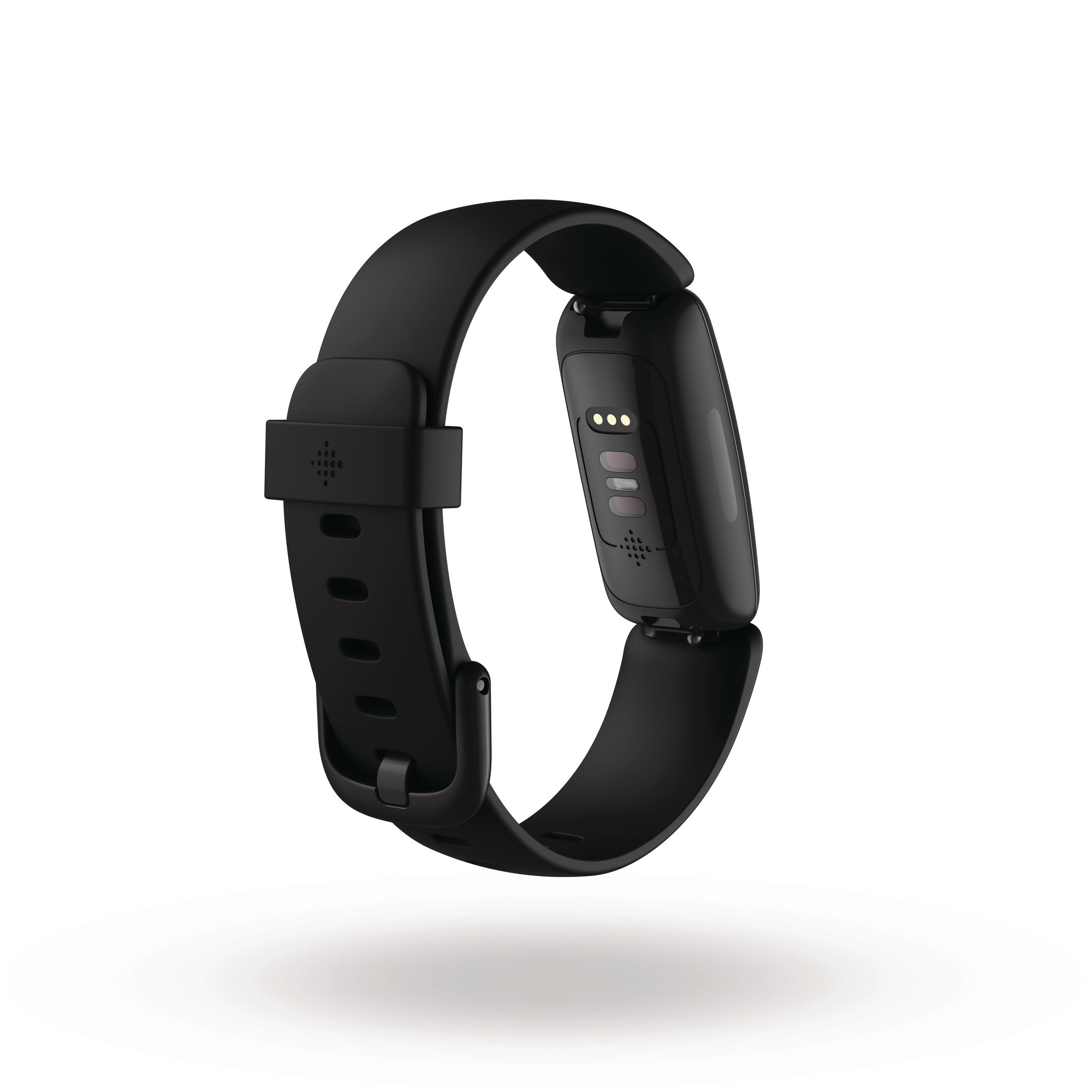 Schwarzer Fitnesstracker, ein Armband mit schwarzem Bildschirm und Sensoren.
