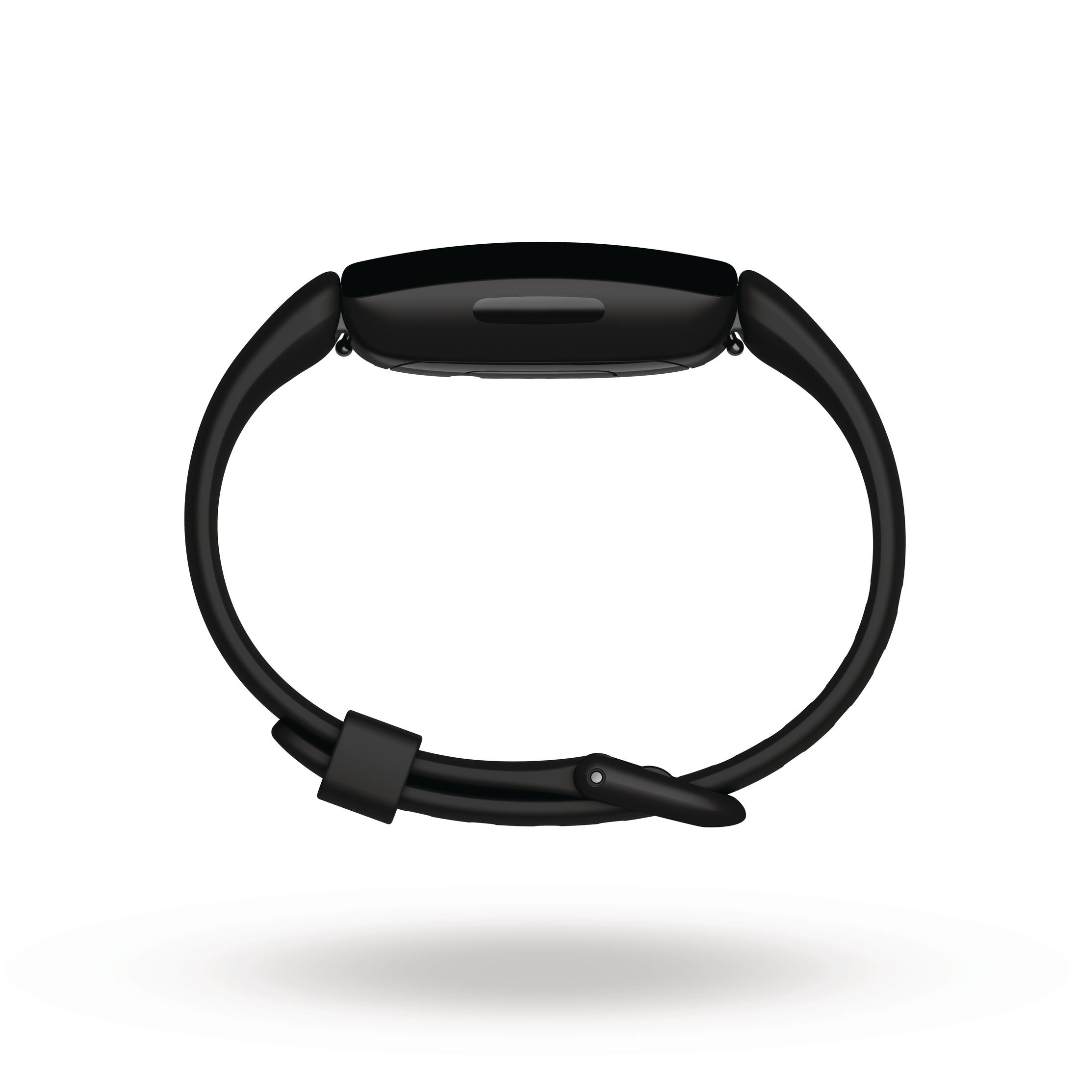 Eine schwarze Fitness-Tracker-Uhr mit schwarzem Armband, von hinten gesehen.