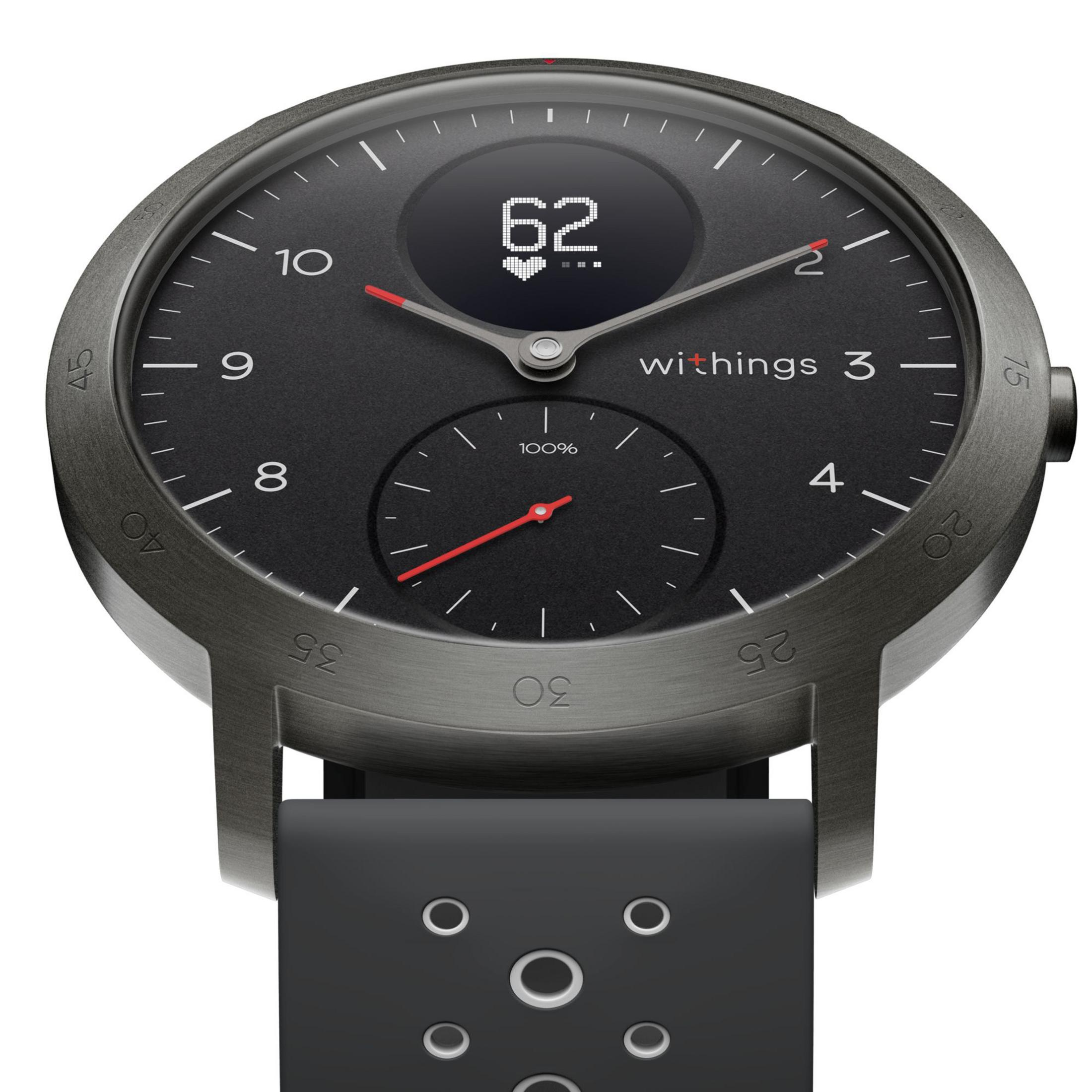 Eine schwarze Withings Smartwatch mit rundem Zifferblatt, die Zeit und Aktivitätsdaten anzeigt.