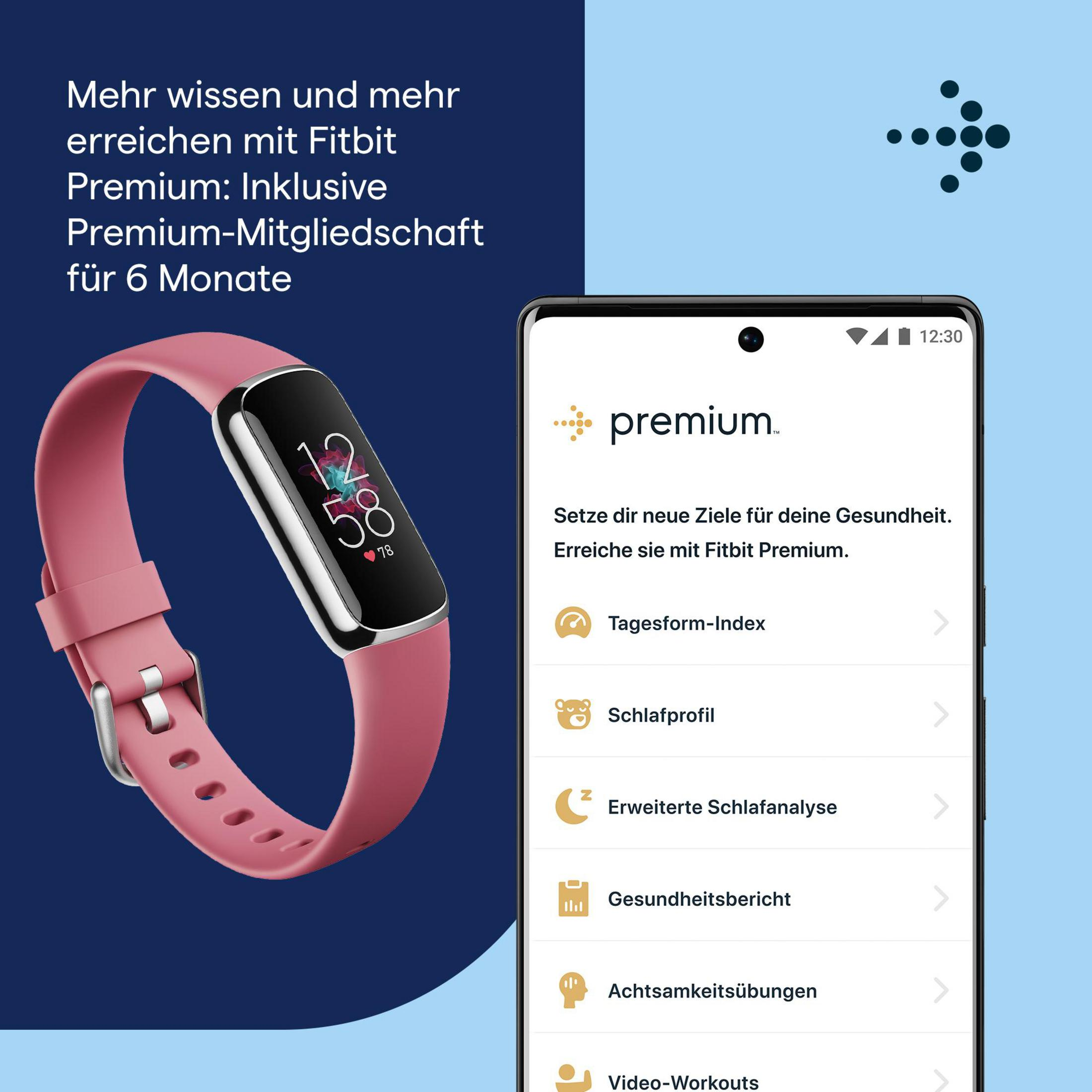 Eine Smartwatch mit rosa Armband und ein Telefon, das Gesundheitsmetriken und Fitbit Premium zeigt.
