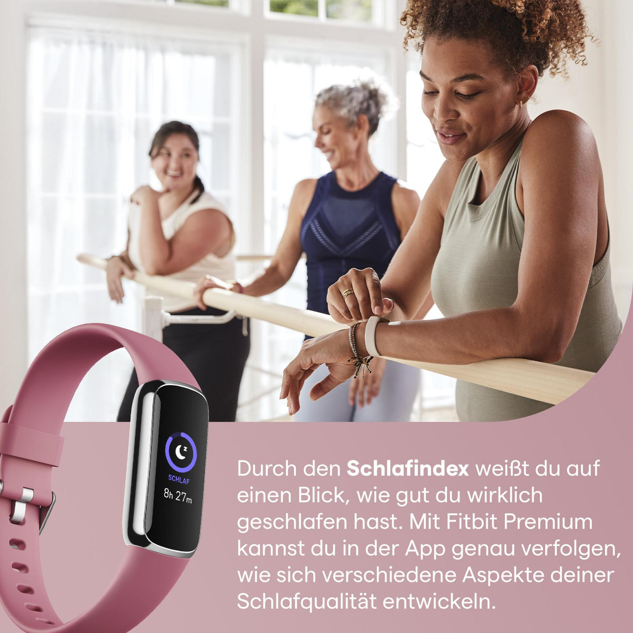 Frauen tragen Fitness-Tracker und Fitness-Uhren. Text rechts beschreibt Schlaftracking. Weißer Hintergrund.