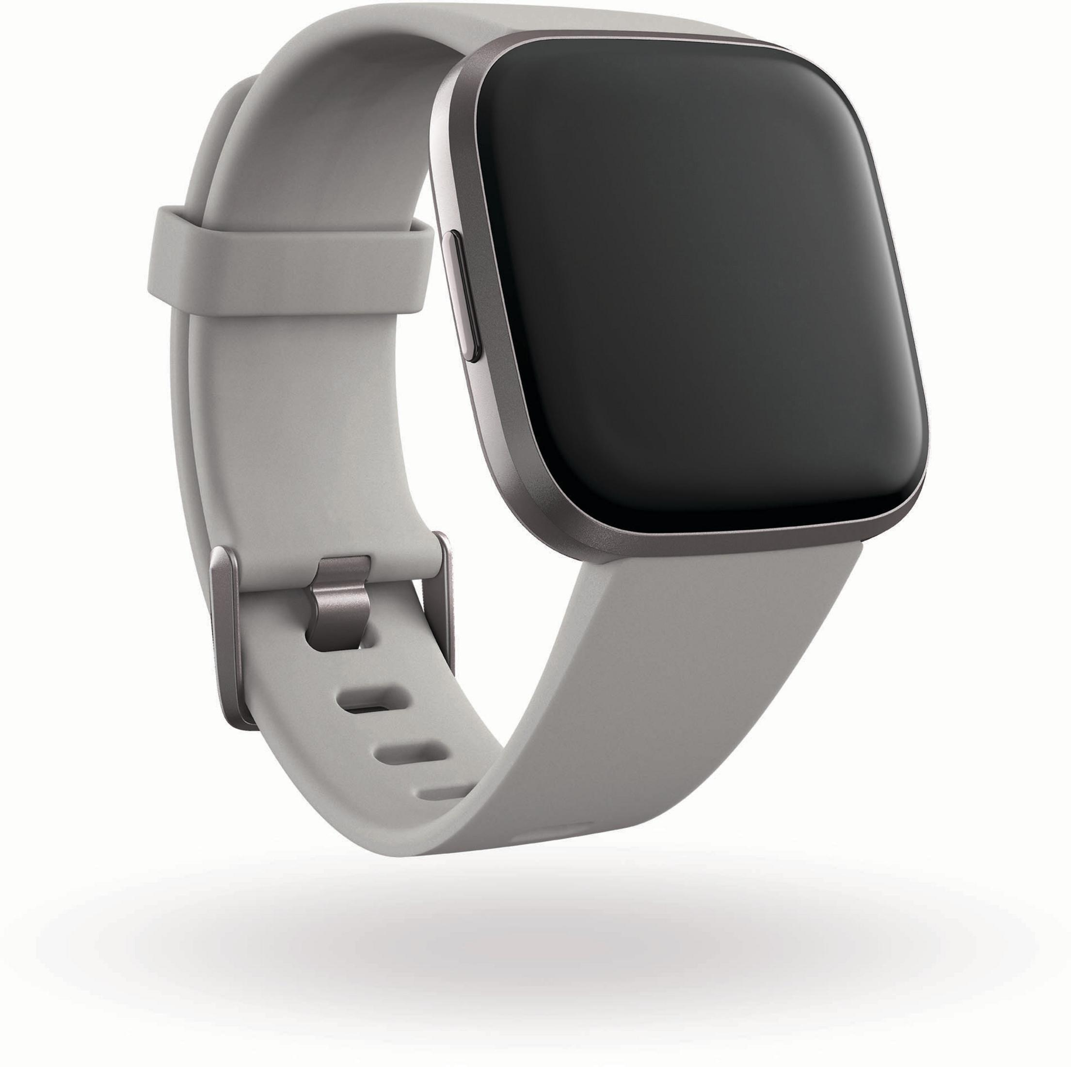 Graue Smartwatch mit schwarzem Bildschirm, zeigt ein graues Armband.