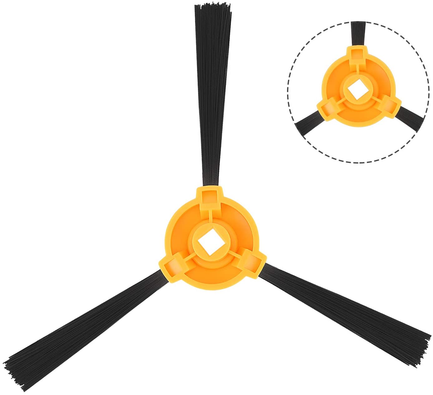 Eine orange-gelbe Bürste für einen Roboter-Staubsauger mit drei schwarzen Borsten.