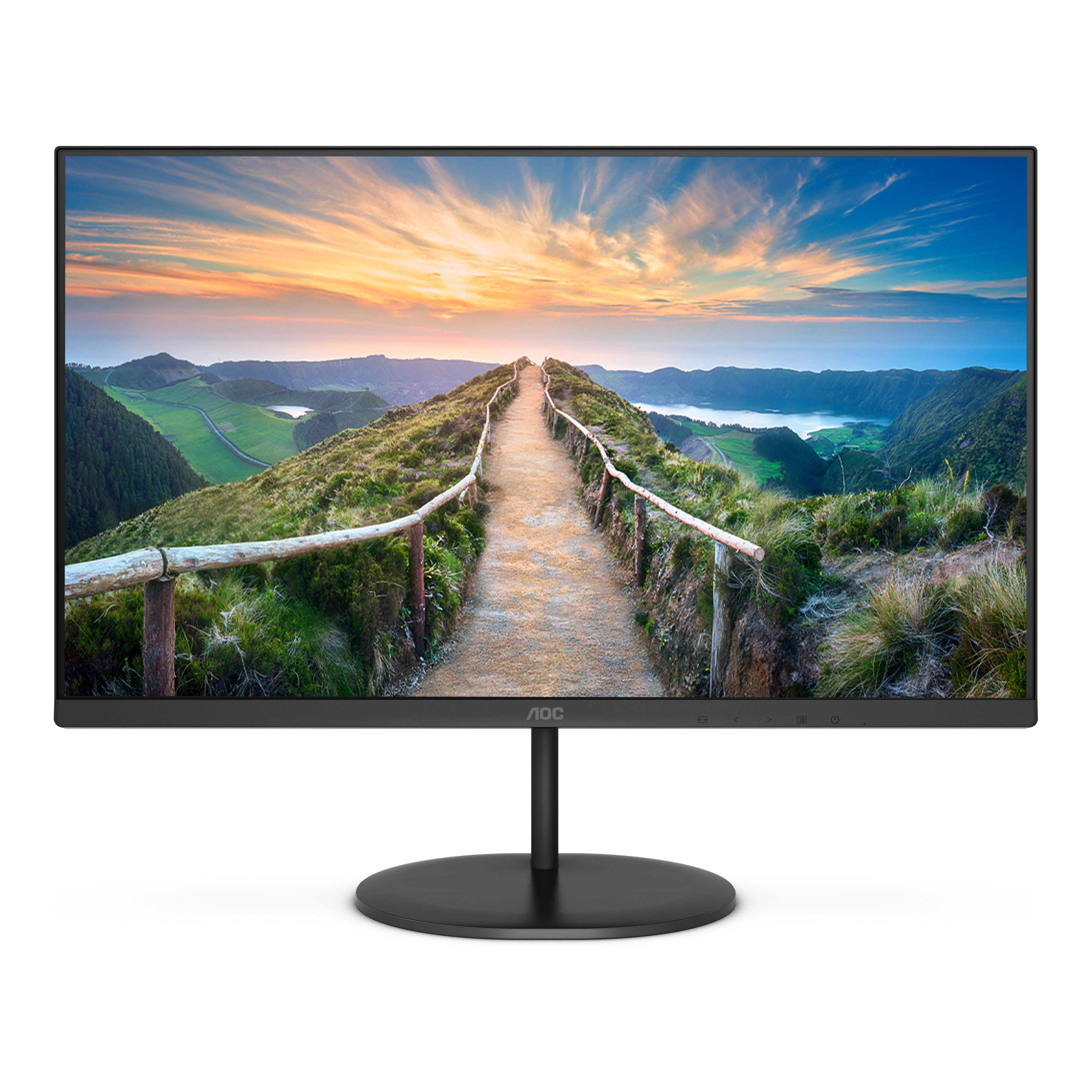 AOC-Monitor mit einer malerischen Landschaft und einem Weg.
