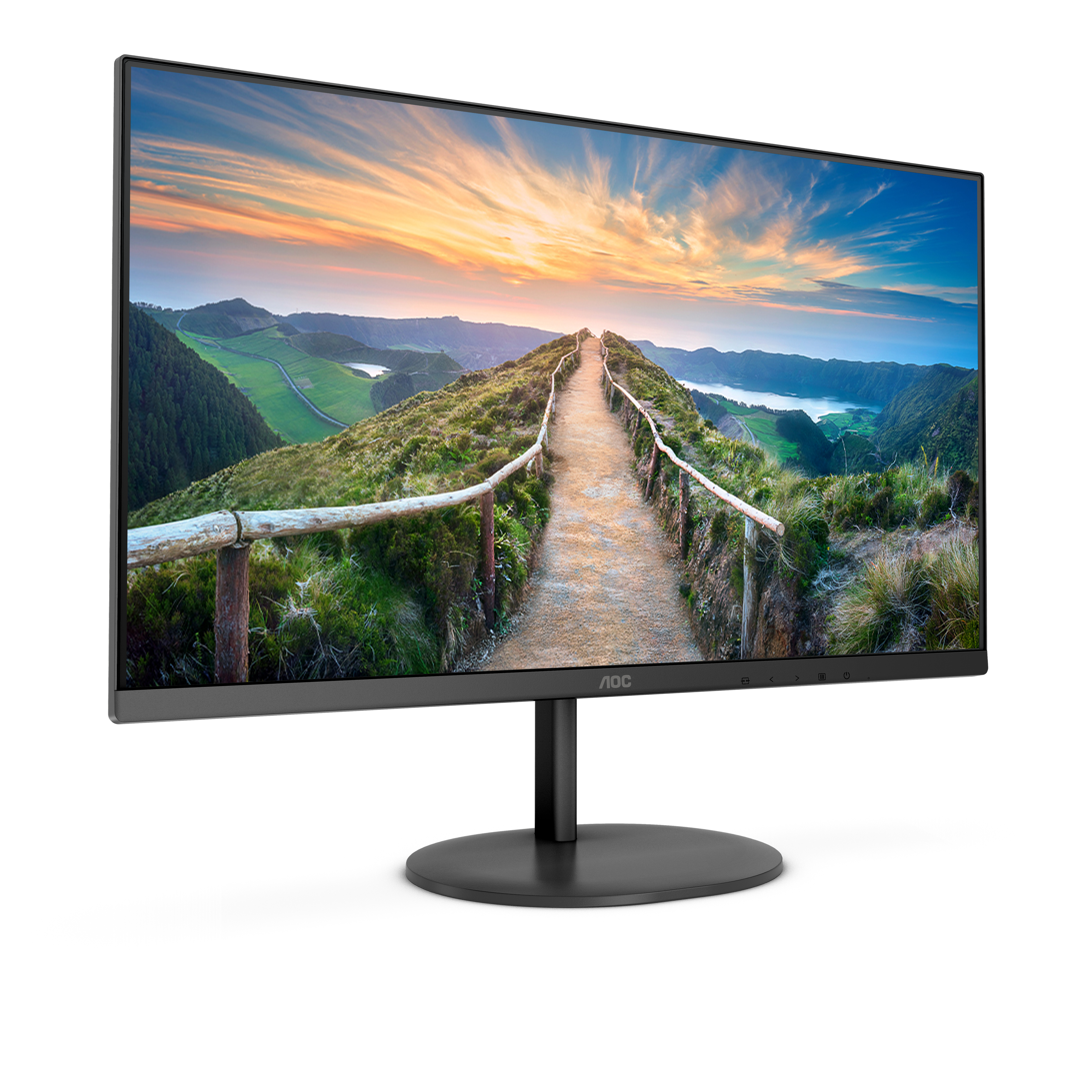 Computermonitor, der eine malerische Landschaft mit einem Gehweg und einem sonnigen Himmel zeigt.