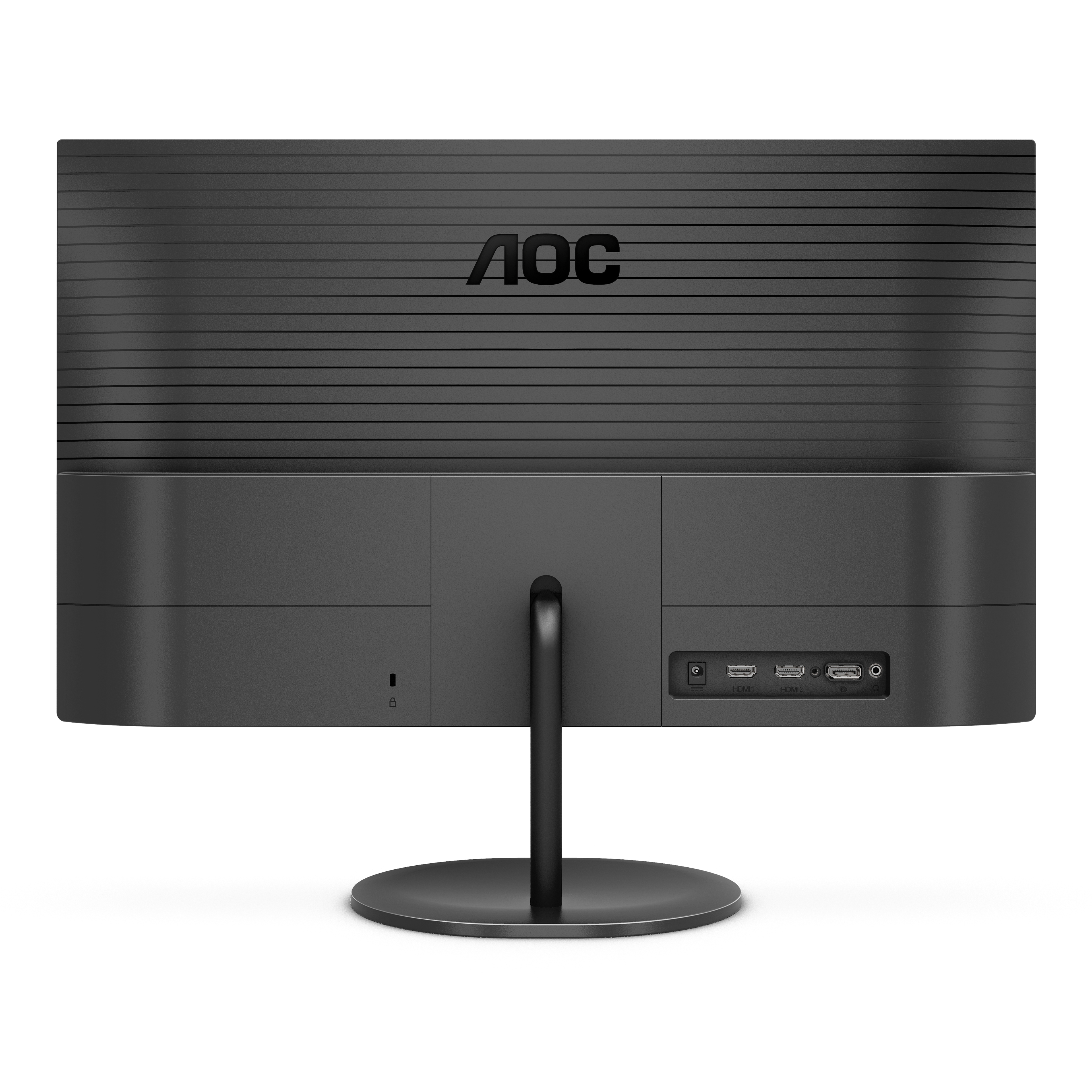 Vista posteriore del monitor AOC. Porte e supporto visibili.