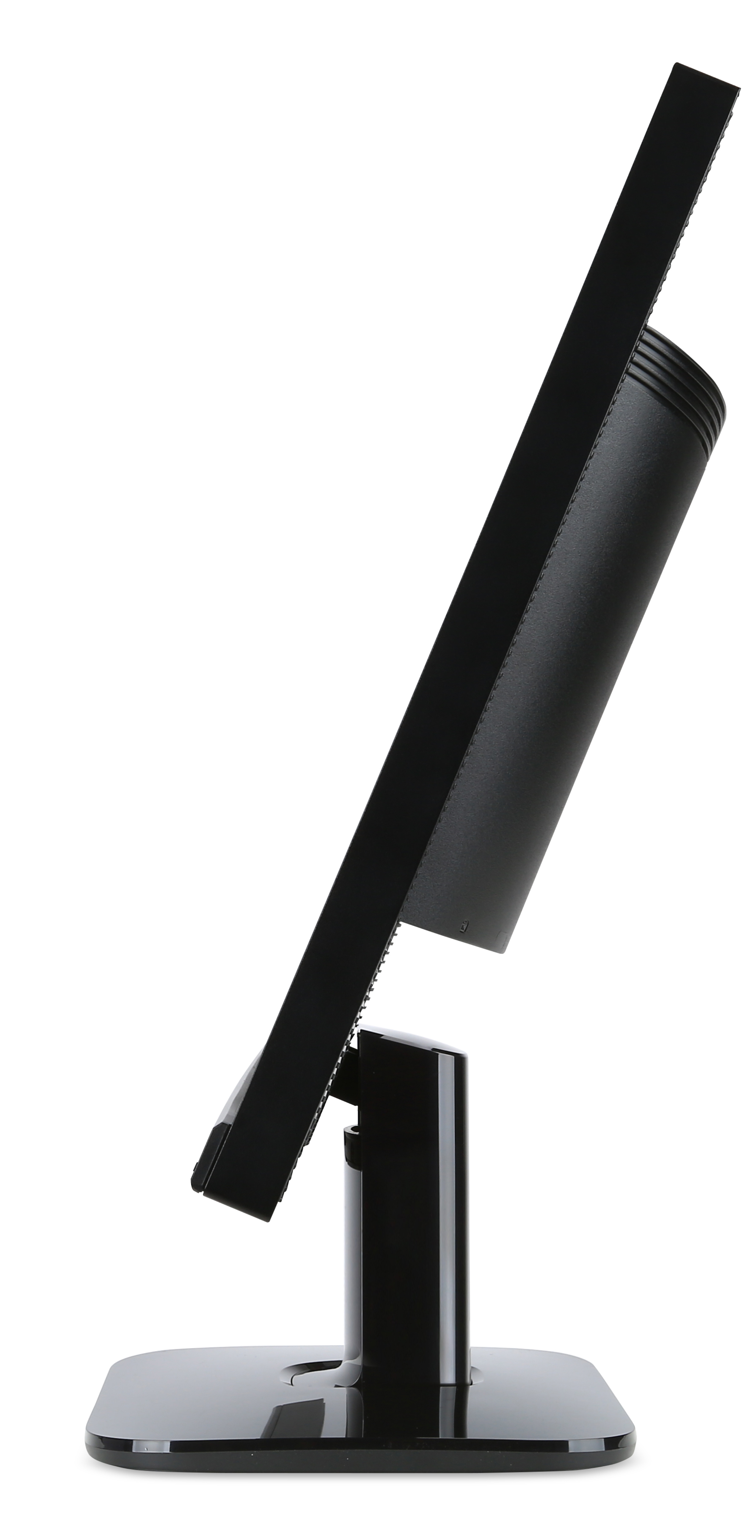 Widok z boku czarnego monitora komputerowego na czarnym stojaku, białe tło.