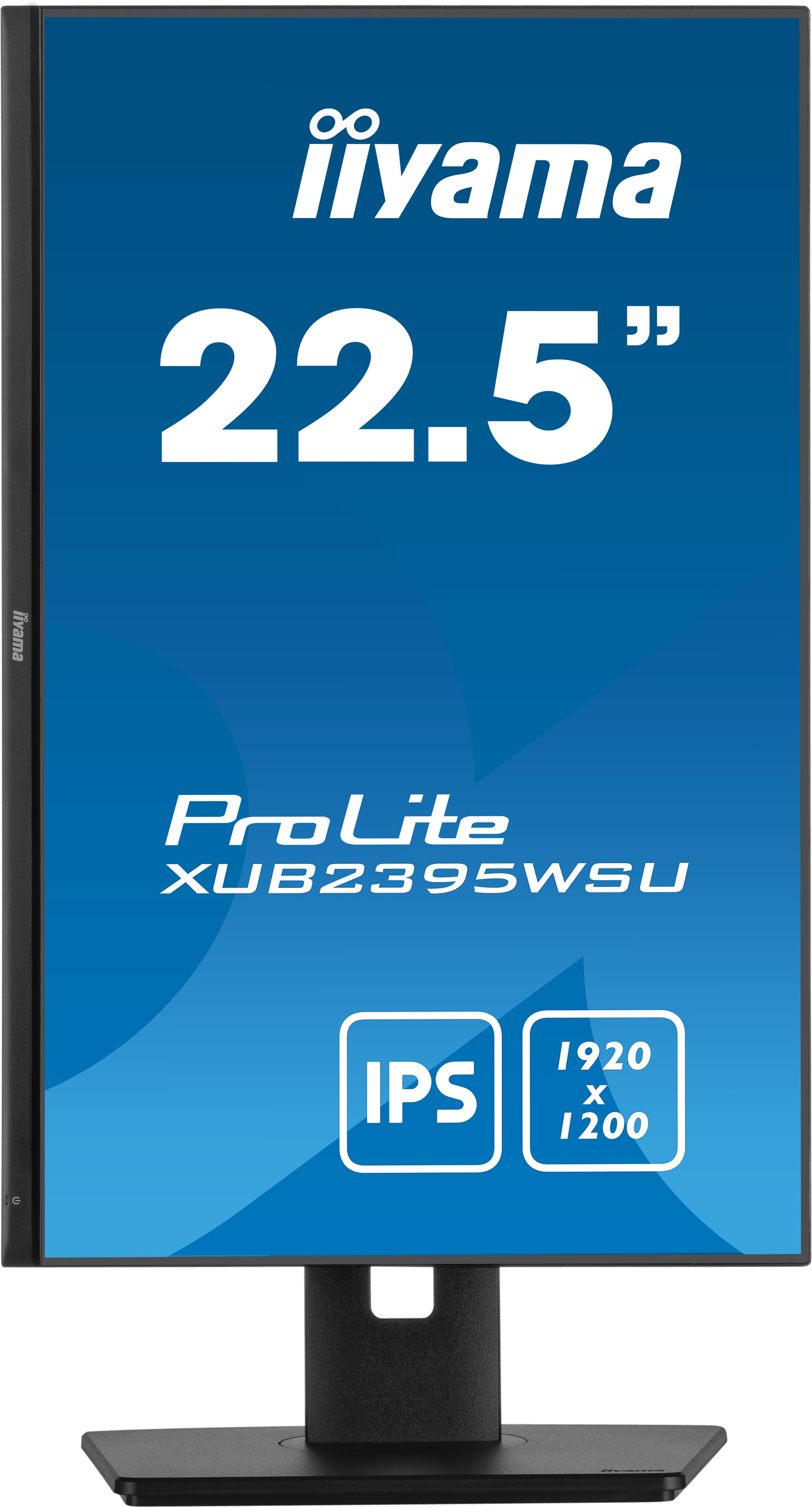 Czarny monitor komputera z niebieskim tłem i białym tekstem: 22.5", ProLite XUB2395WSU, IPS, 1920x1200.