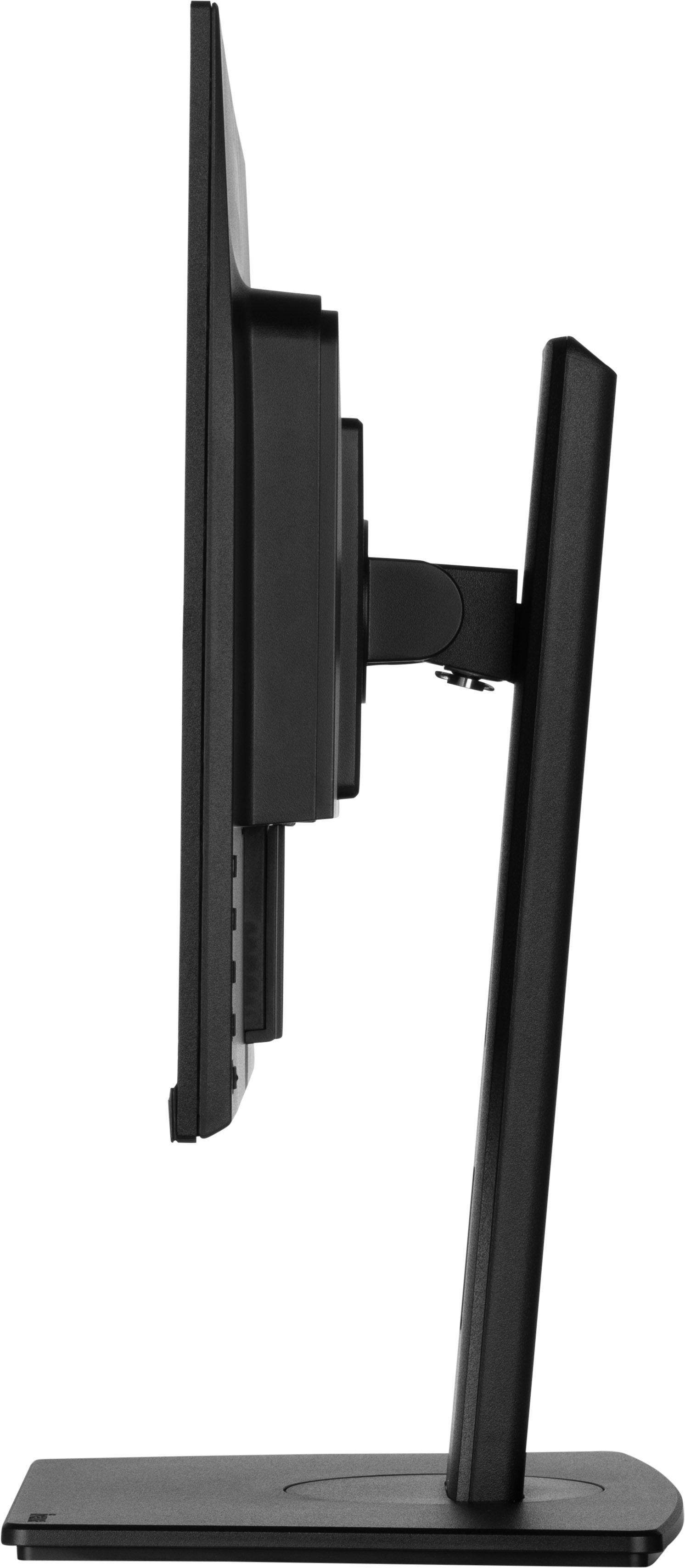 Czarny monitor komputerowy z boku. Stoi na czarnej podstawie. Ekran jest obrócony w bok.