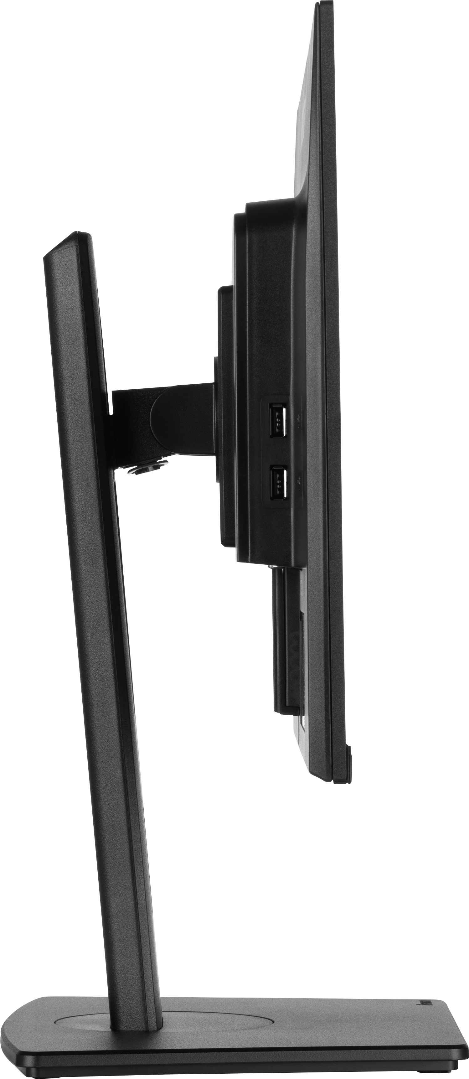 Widok z boku czarnego monitora komputera z portami USB. Ekran jest czarny.