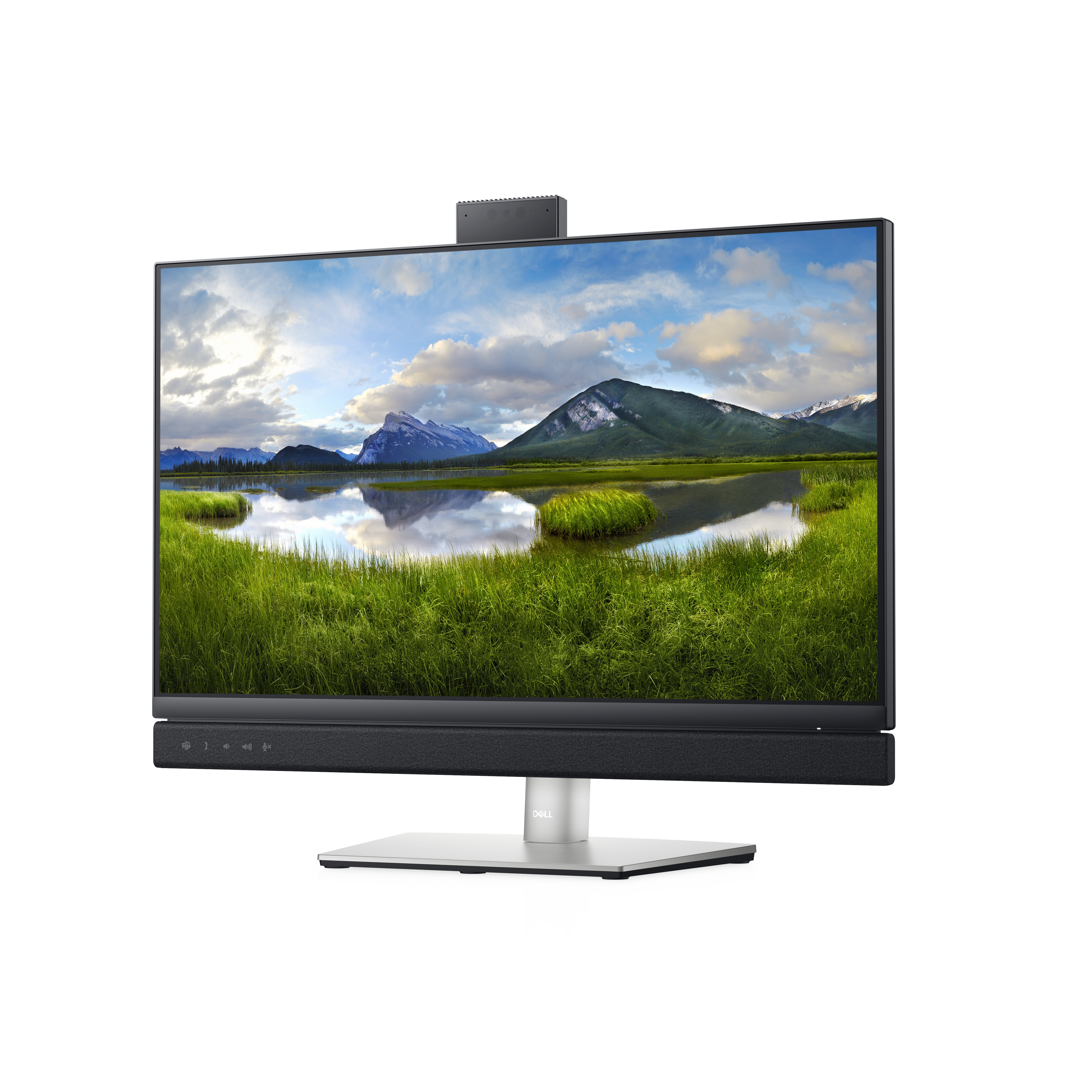 Ein Dell-Monitor mit Webcam und Soundbar. Der Bildschirm zeigt ein Landschaftsbild.