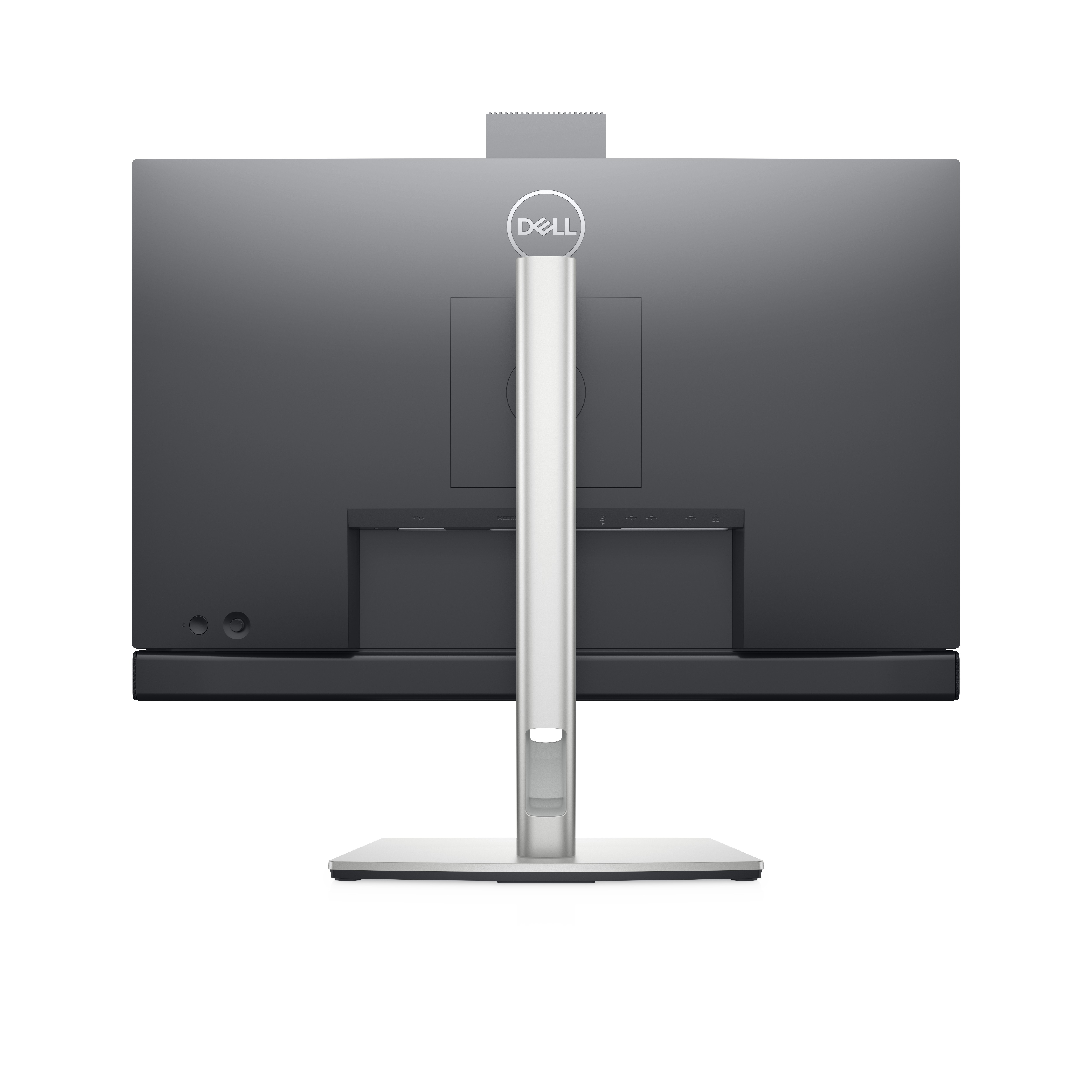 Rückansicht eines Dell-Monitors mit silbernem Ständer.