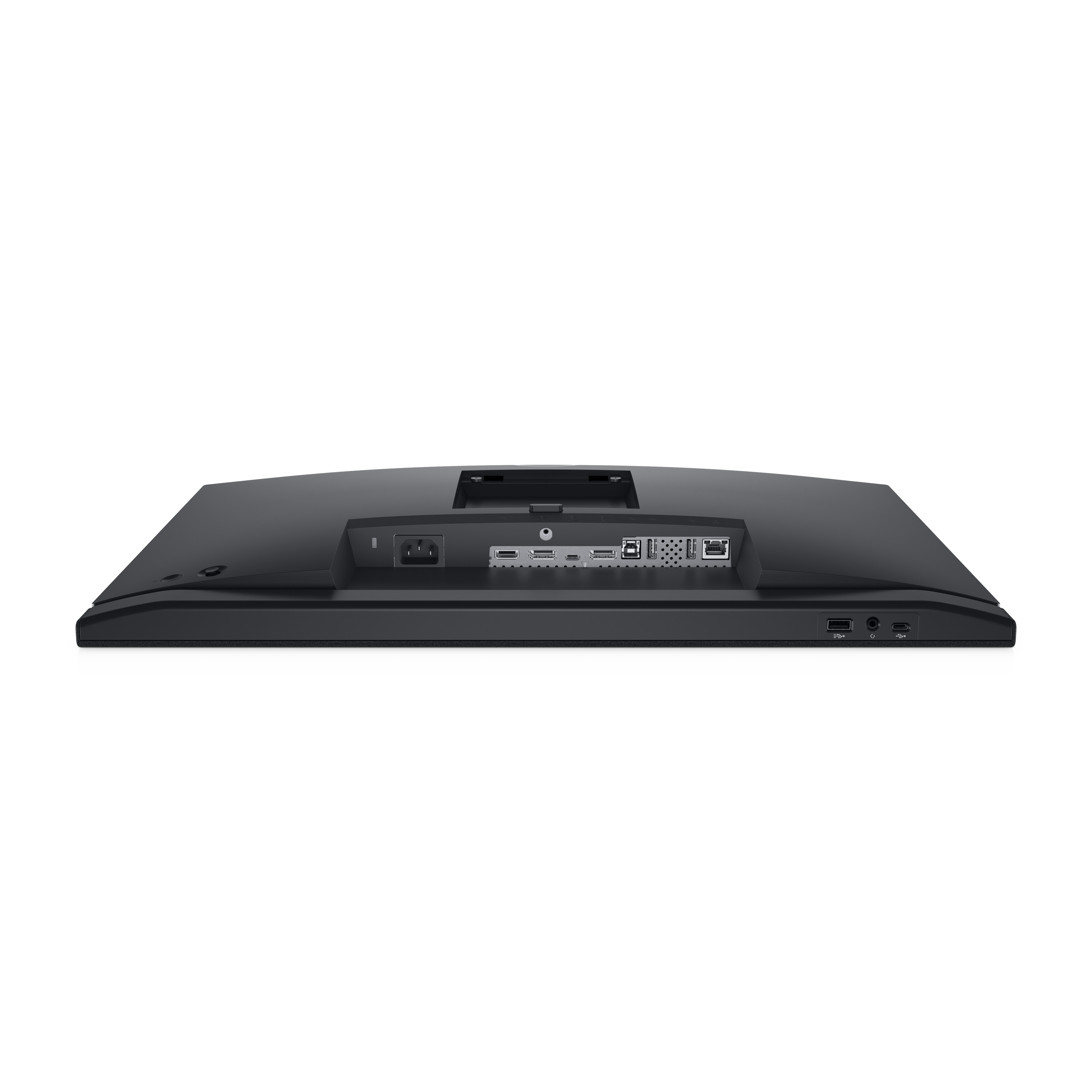Rückseite eines schwarzen Computermonitors. Zeigt Anschlüsse für Strom, HDMI, USB und mehr.