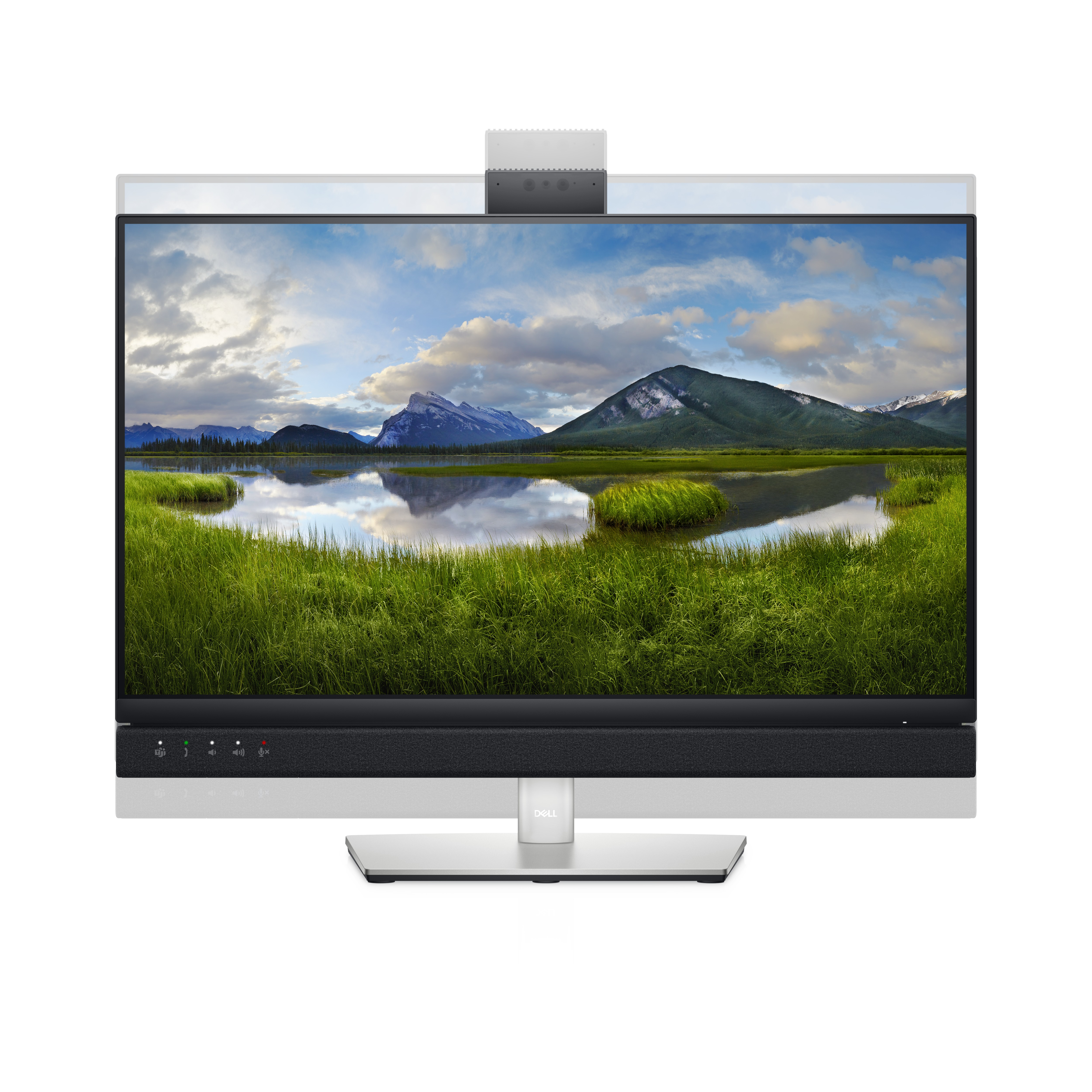 Ein Computerbildschirm, der eine malerische Landschaft mit Bergen, einem See und grünem Gras zeigt, vor weißem Hintergrund.