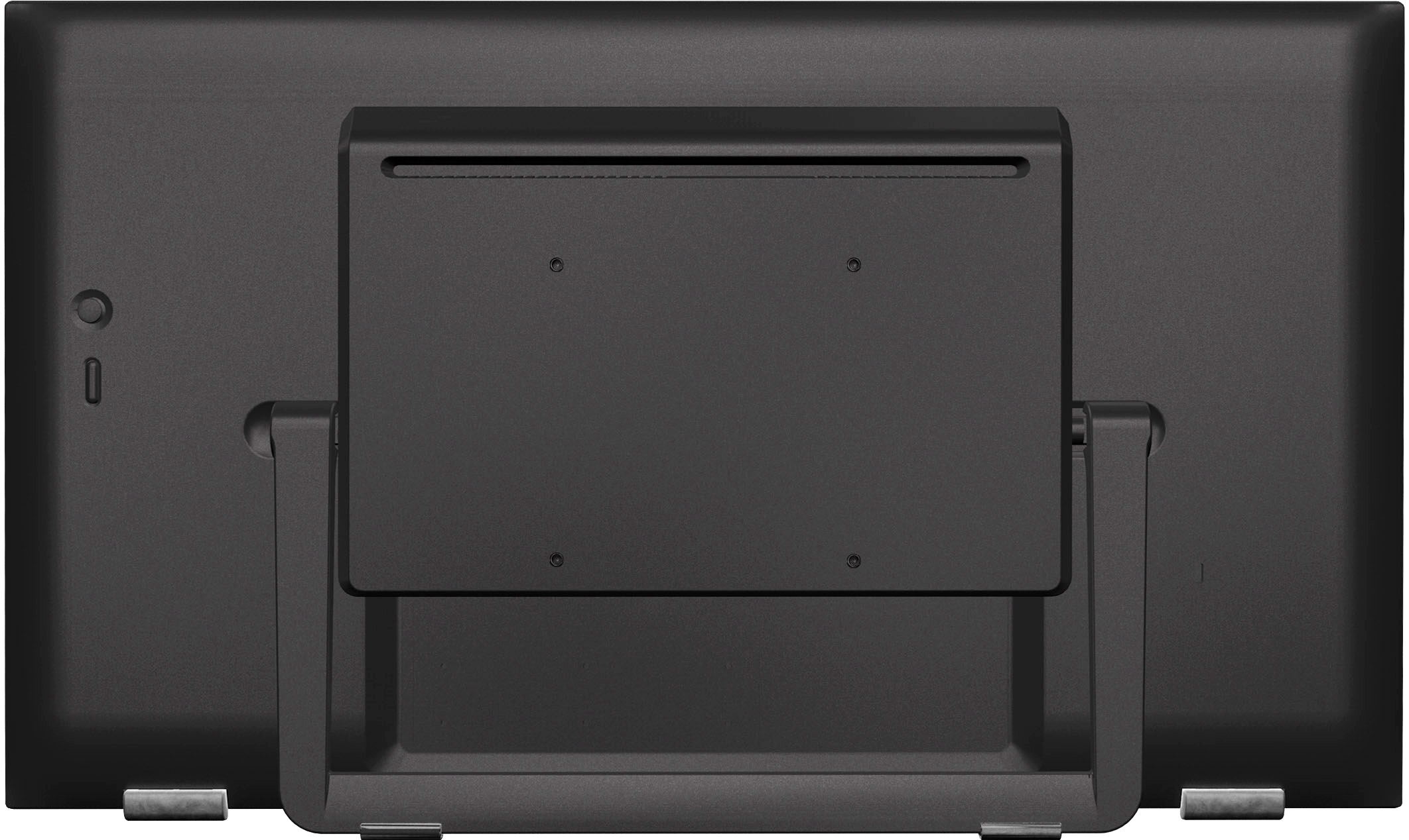 Tył ciemnego monitora na stojaku. Tył ma sekcję do montażu i portów.