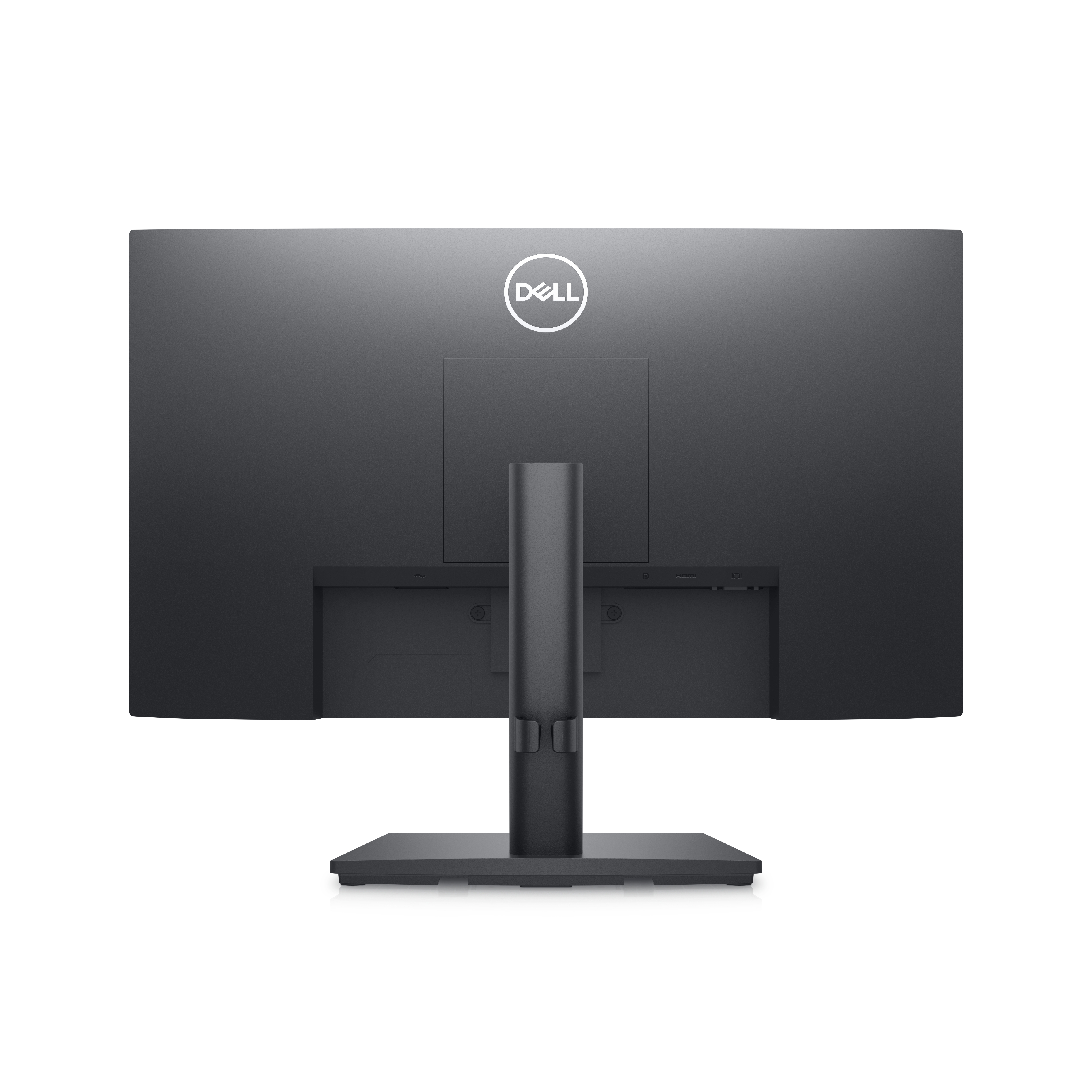 Monitor Dell nero, vista posteriore. Supporto, porte e logo Dell visibili.