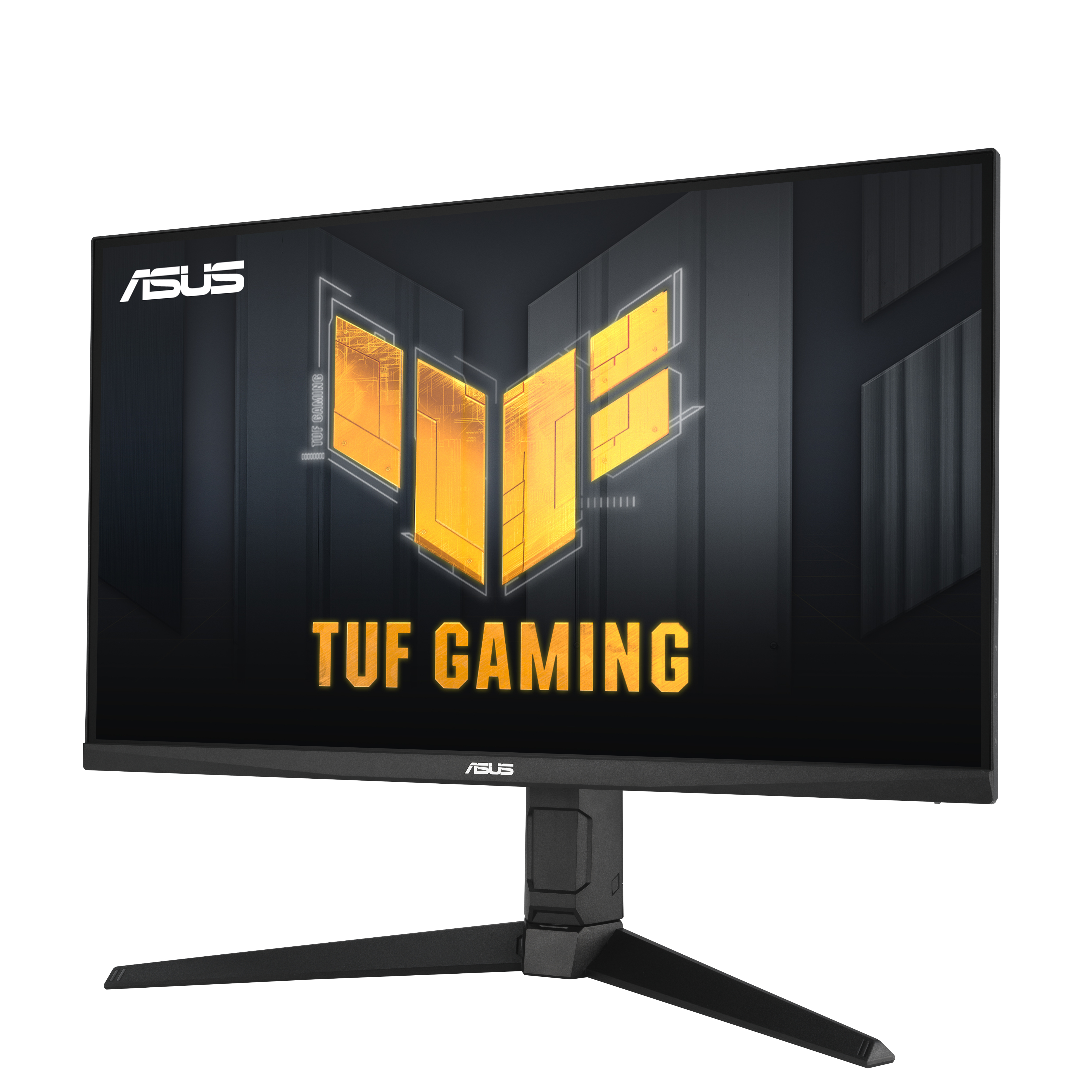 Monitor ASUS TUF Gaming z czarną ramką i podstawą. Ekran wyświetla żółte logo i tekst.