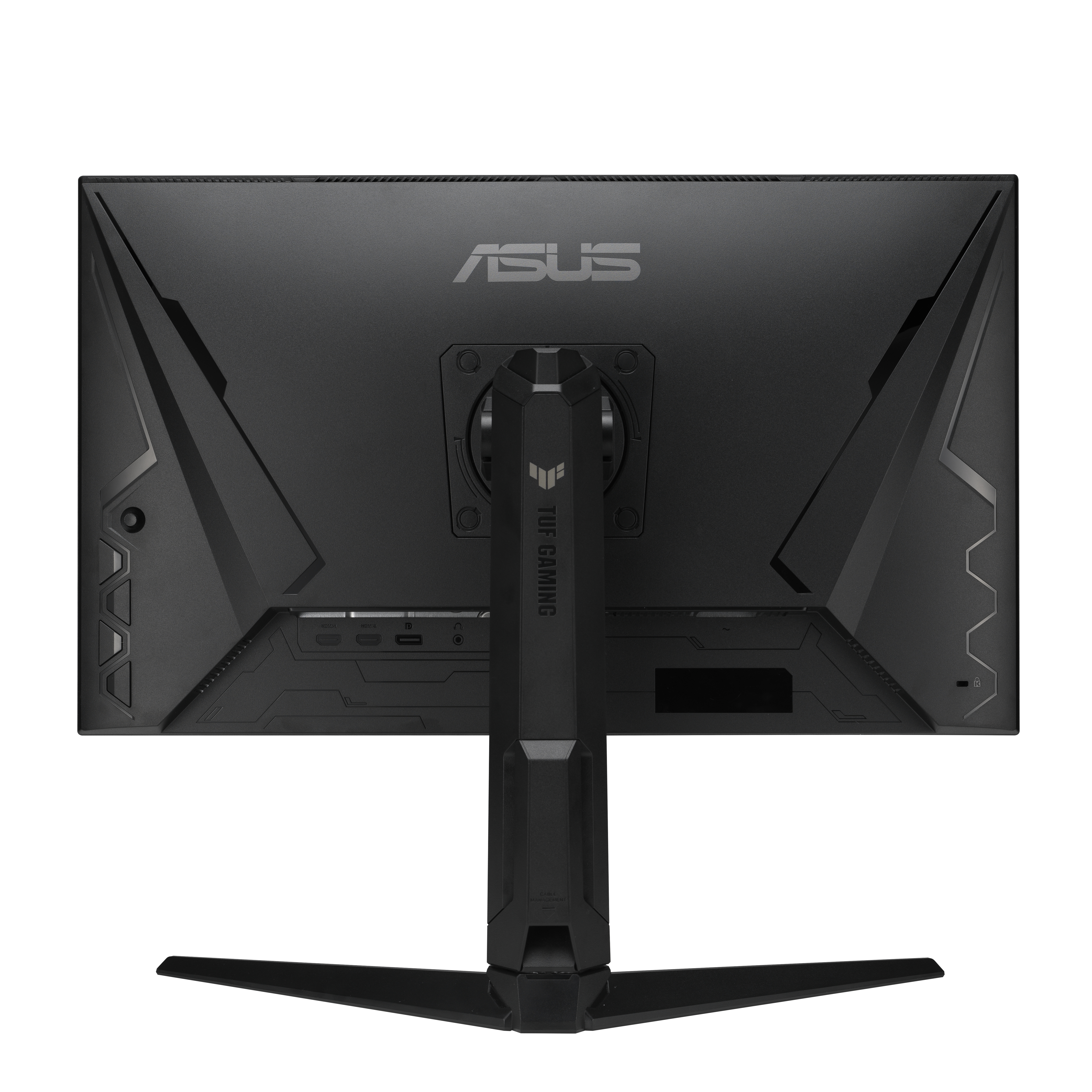 Widok z tyłu czarnego monitora do gier ASUS. Posiada logo ASUS i TUF GAMING.