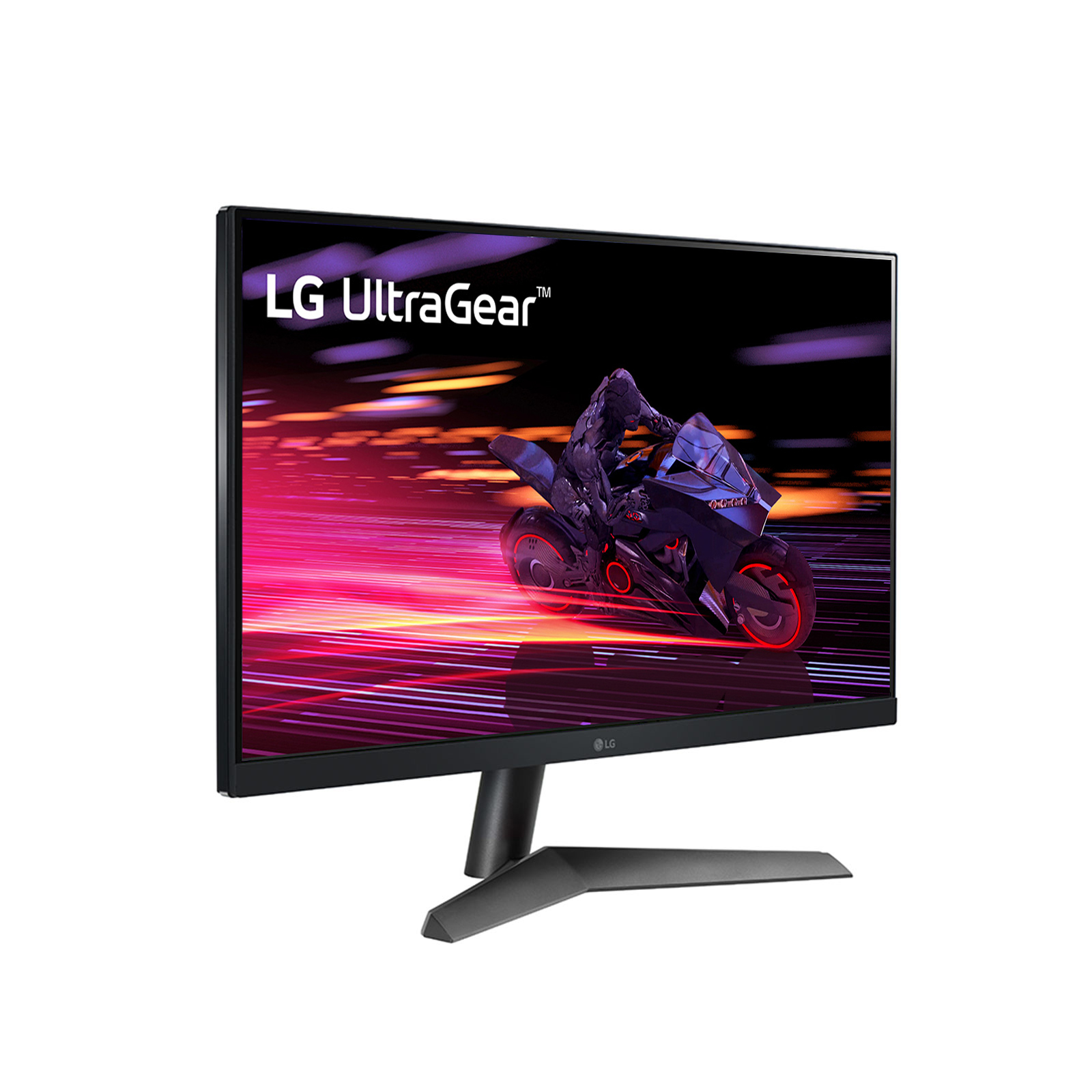 Monitor LG UltraGear z obrazem wyścigu motocyklowego, z czarną podstawką.