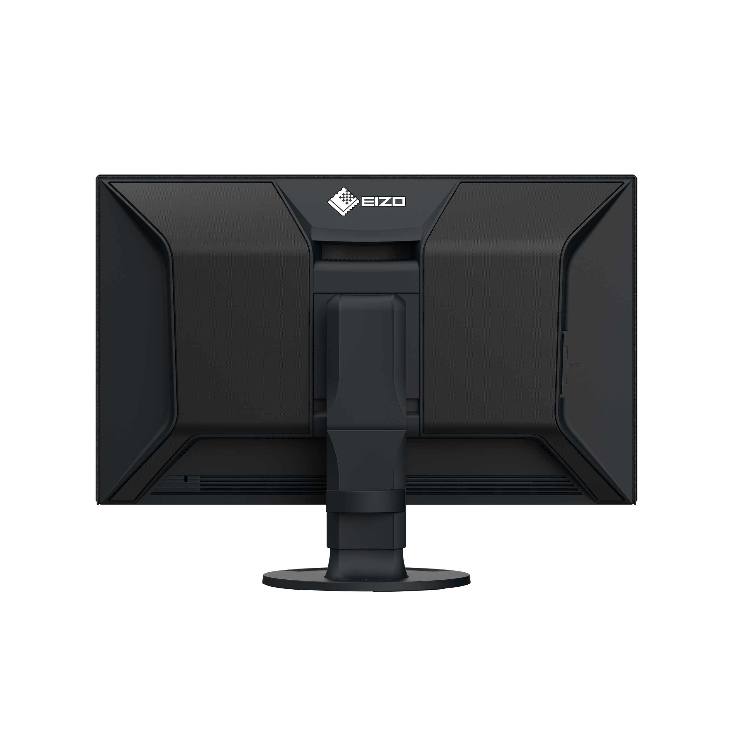 Tył czarnego monitora z czarną podstawą i logo EIZO.