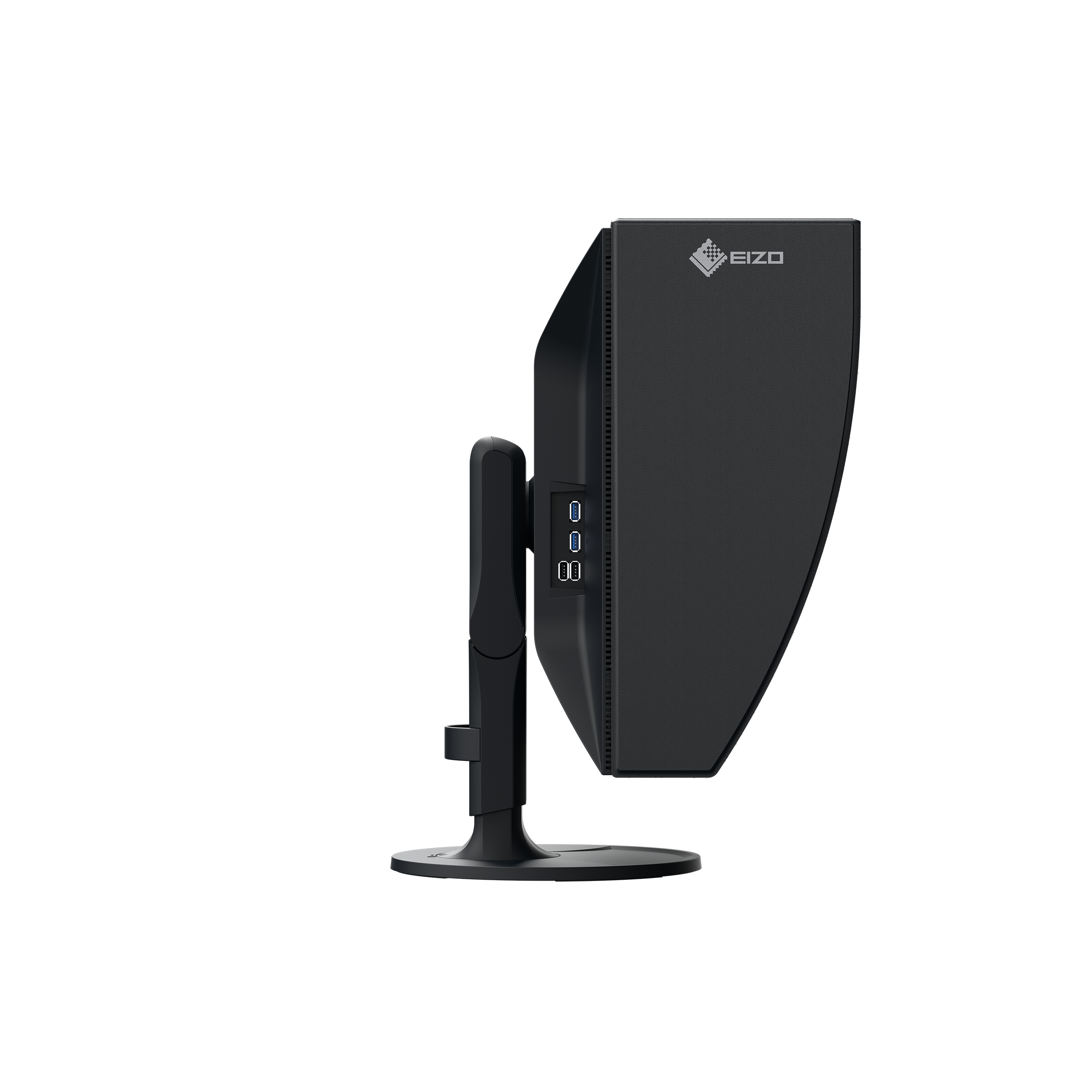 Czarny monitor EIZO, widok z tyłu, z czarną podstawą i portami.