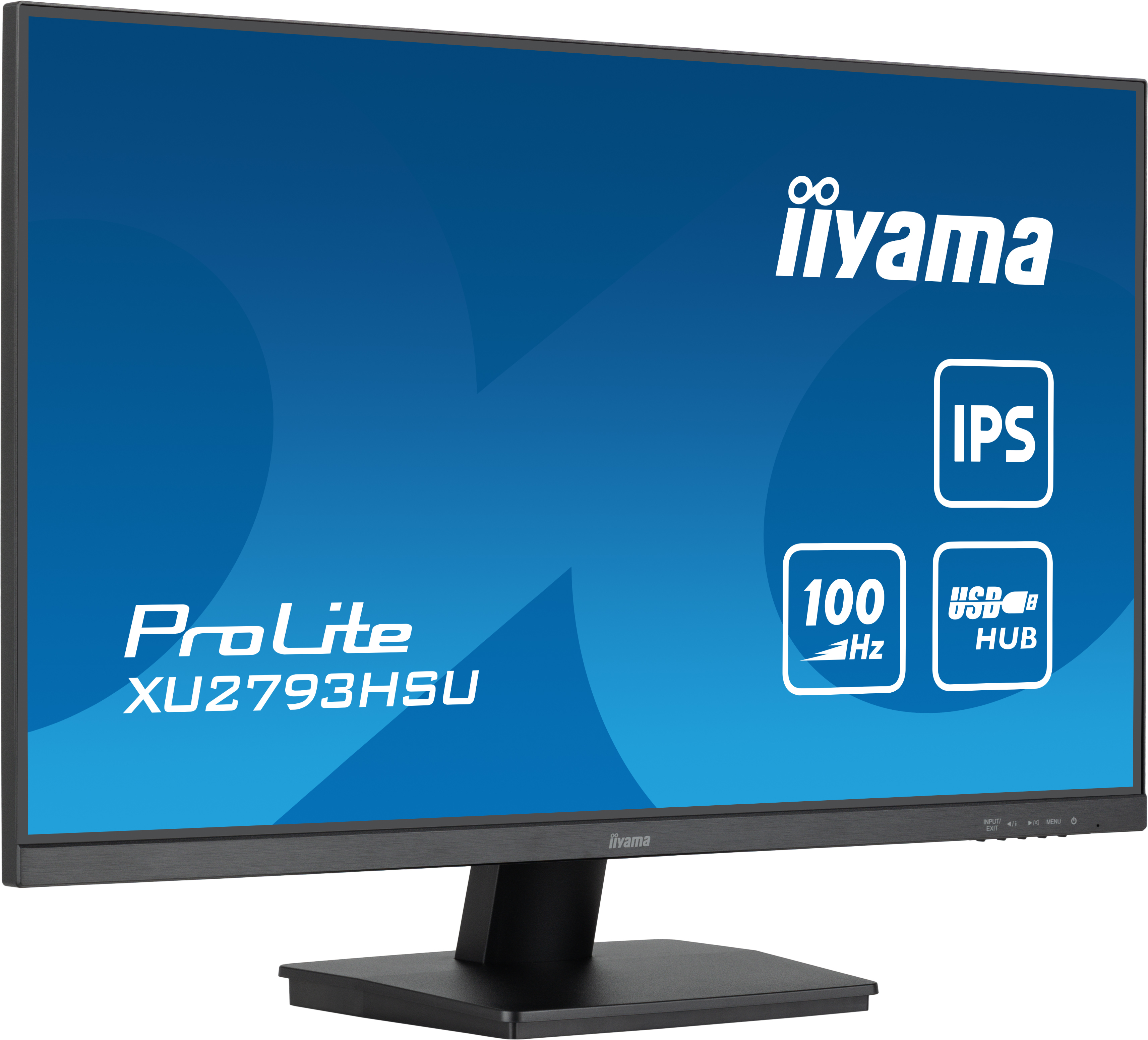 Un monitor di computer che mostra una grafica blu con testo. Il monitor è nero con un supporto nero su sfondo bianco.