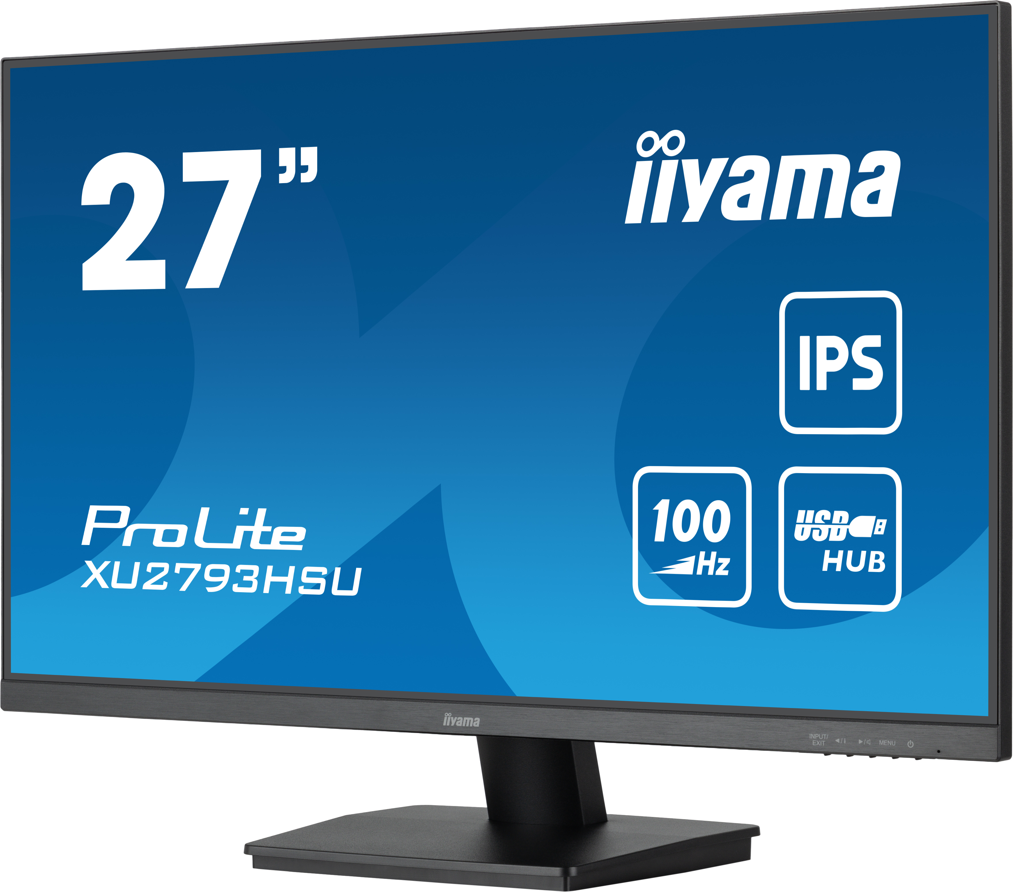 Monitor del computer nero con schermo blu. Testo: 27", iiyama, ProLite. Sfondo: Nero.