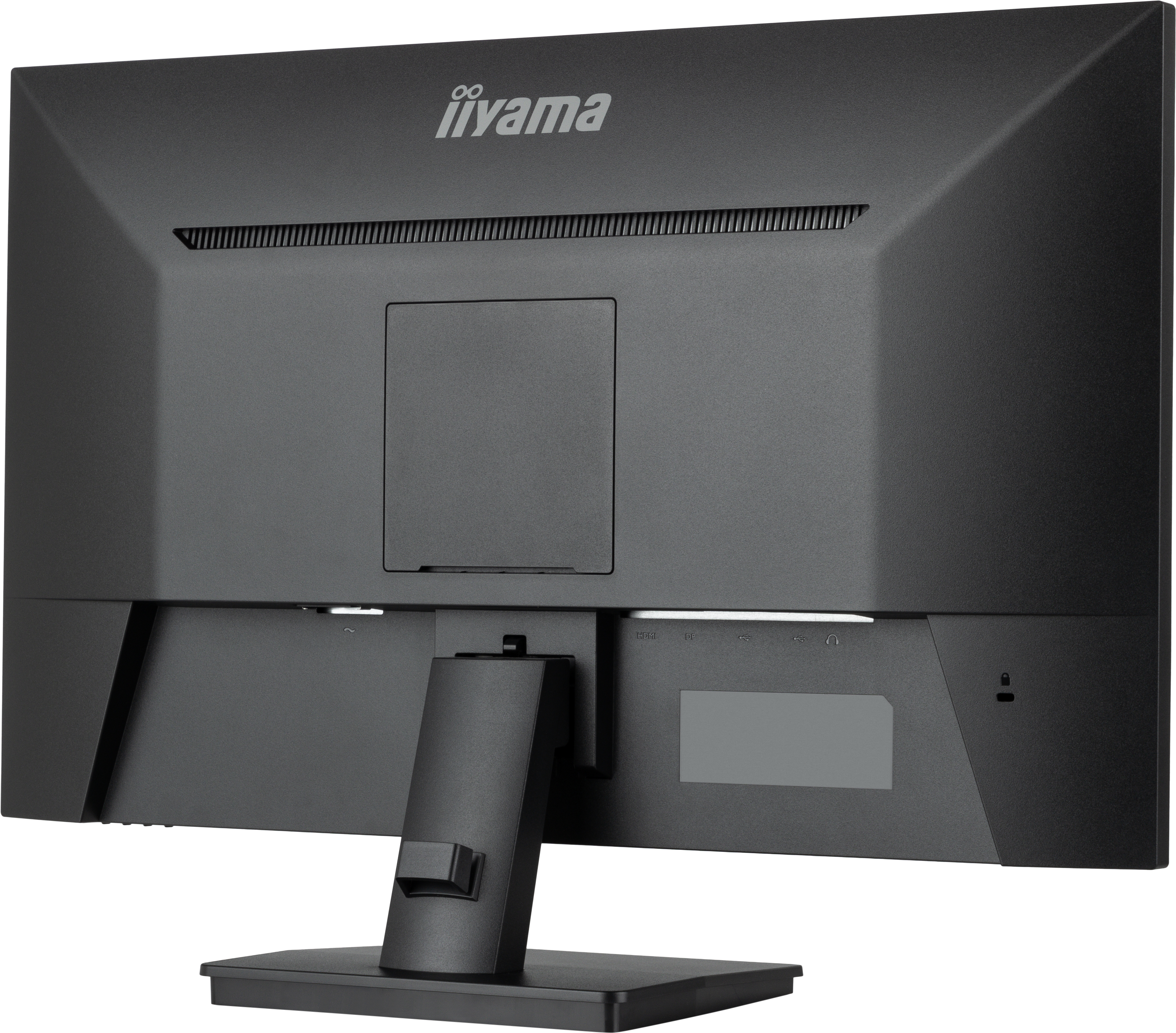 Vista posteriore di un monitor per computer nero con supporto, porte. Sfondo bianco.