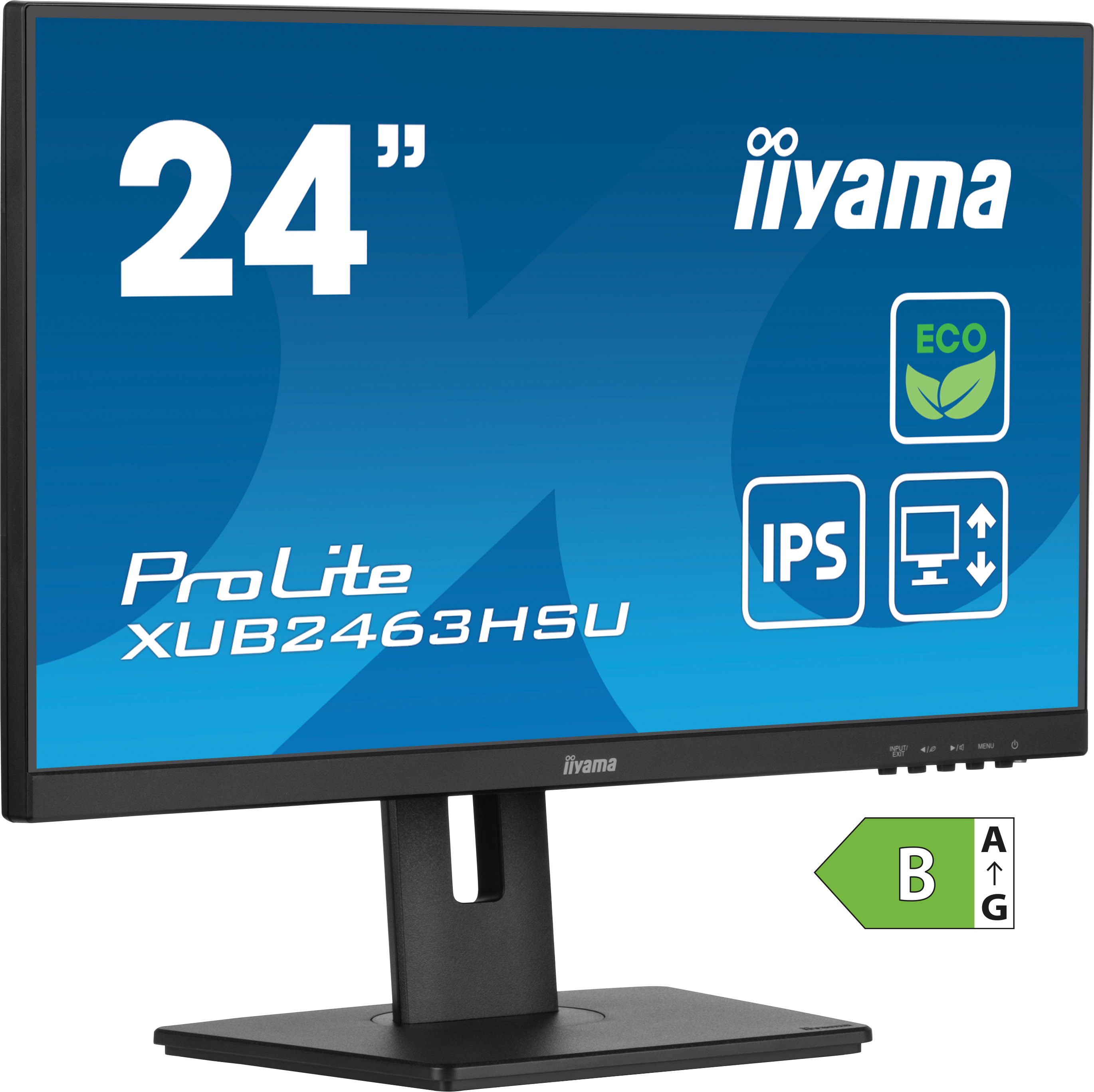 Monitor Iiyama ProLite da 24 pollici con supporto nero, testo bianco e loghi su sfondo blu.