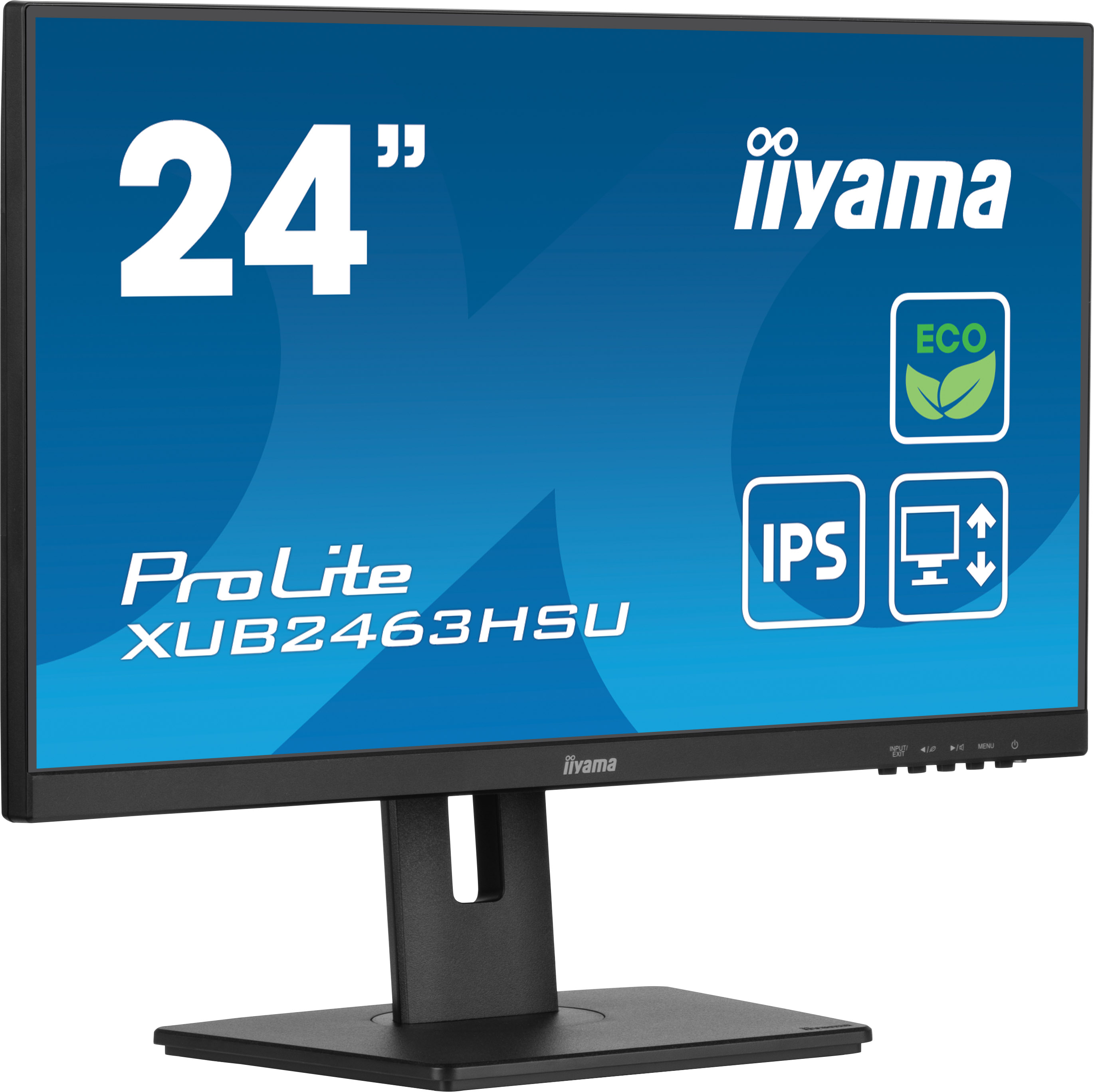 Un monitor iiyama ProLite XUB2463HSU da 24 pollici. Ha simboli IPS, ECO e di regolazione del display.