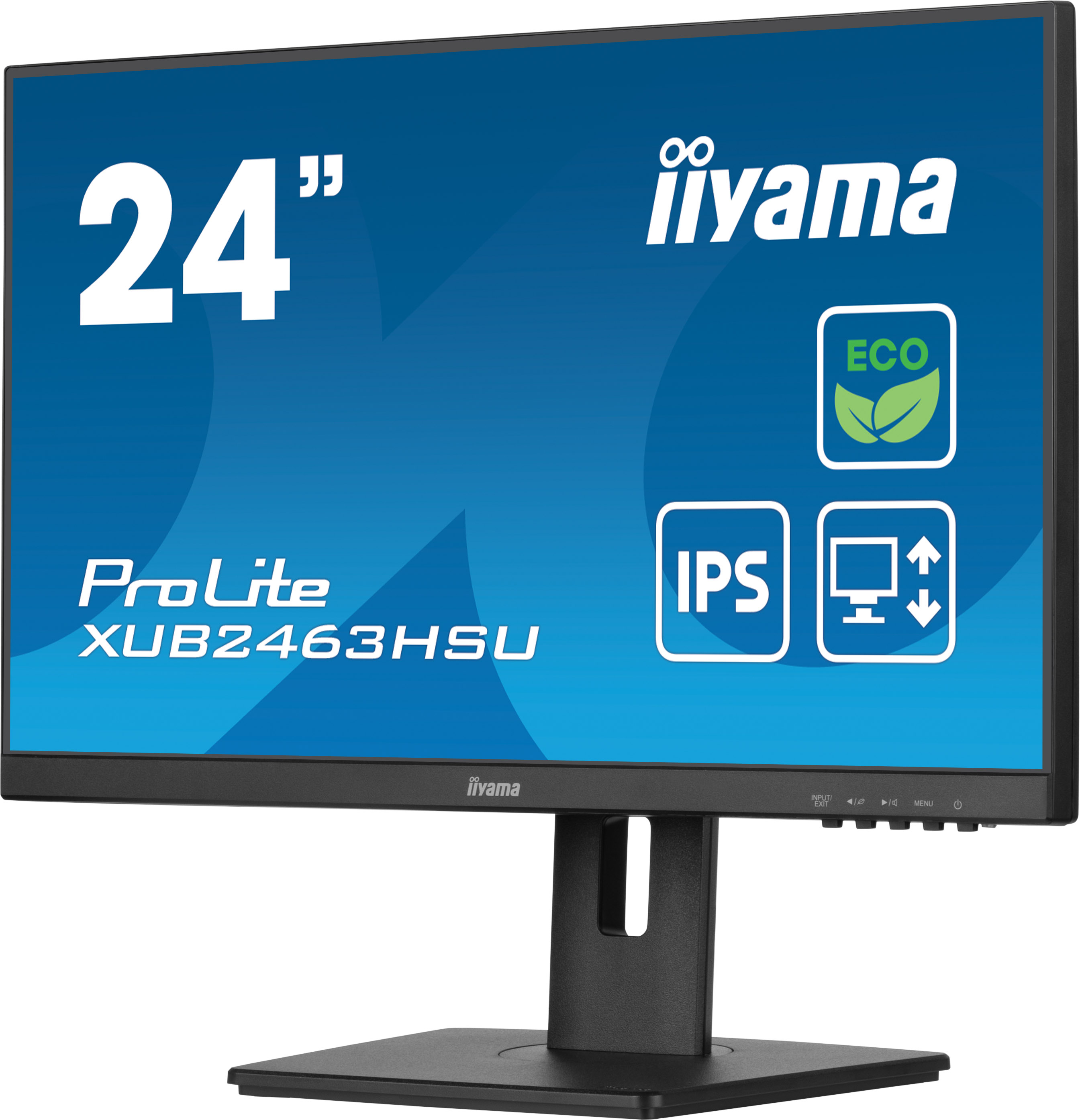 Monitor per computer nero da 24 pollici con testo e icone sullo schermo.