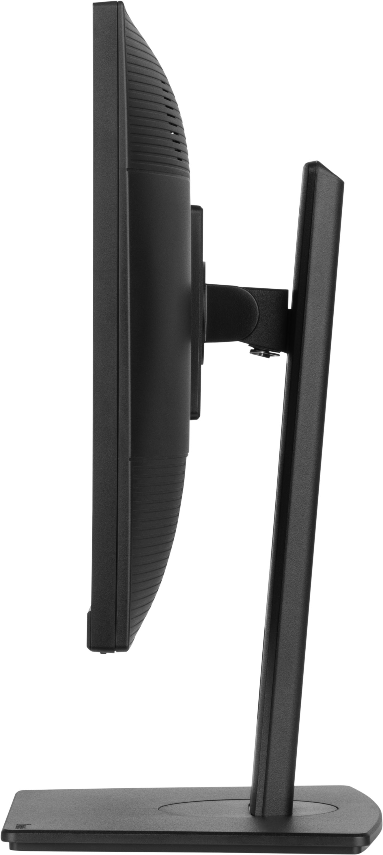 Vista laterale di un monitor nero con supporto. Lo schermo è scuro e il supporto è attaccato sul retro.