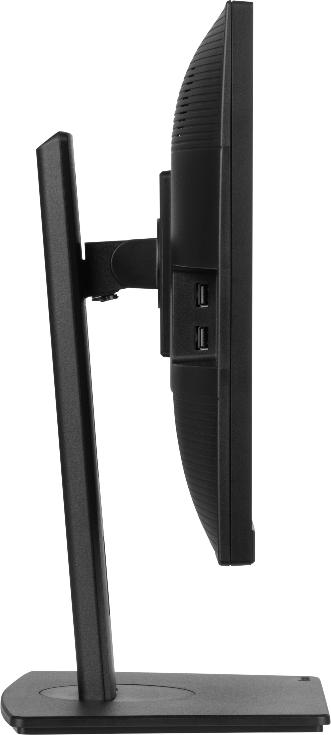Vista laterale di un monitor nero con porte USB e supporto, su sfondo bianco.
