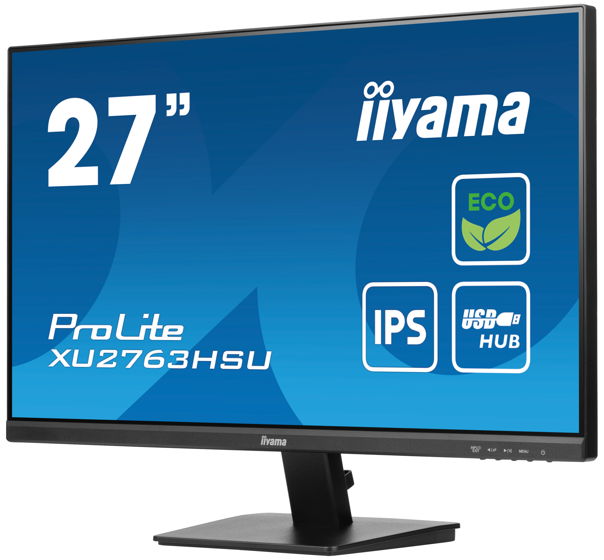 27-calowy monitor Iiyama ProLite z czarnym stojakiem, białym tekstem i logo na niebieskim tle.
