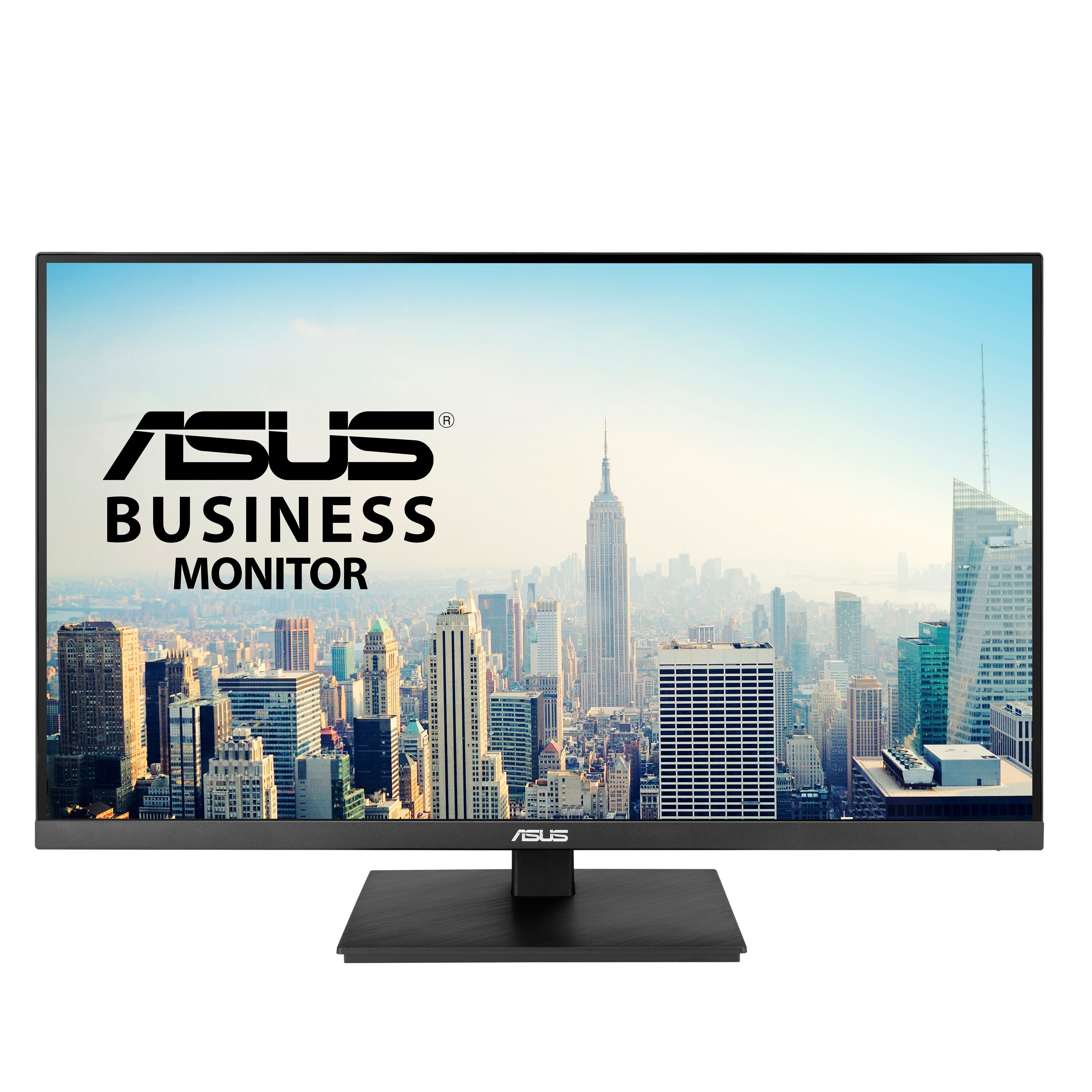 Monitor ASUS Business z tłem panoramy miasta, czarną podstawą, na białym tle.